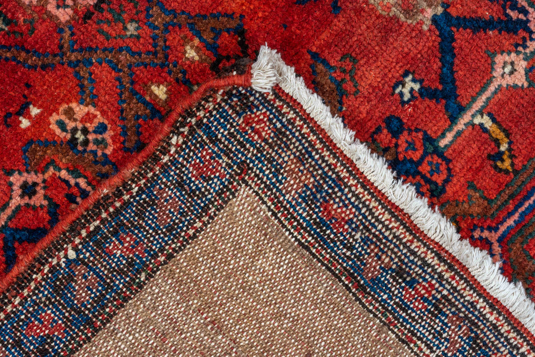 4' x 7' one-of-a-kind handmade antique Hamadan rug. Color palette: rust, indigo, taupe, ivory, crimson, navy, camel