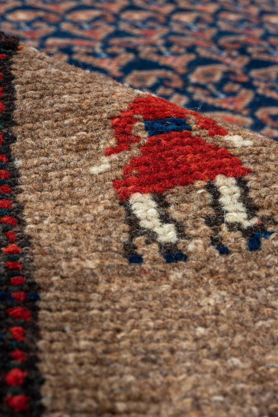 4' x 7' one-of-a-kind handmade antique Hamadan rug. Color palette: rust, indigo, taupe, ivory, crimson, navy, camel