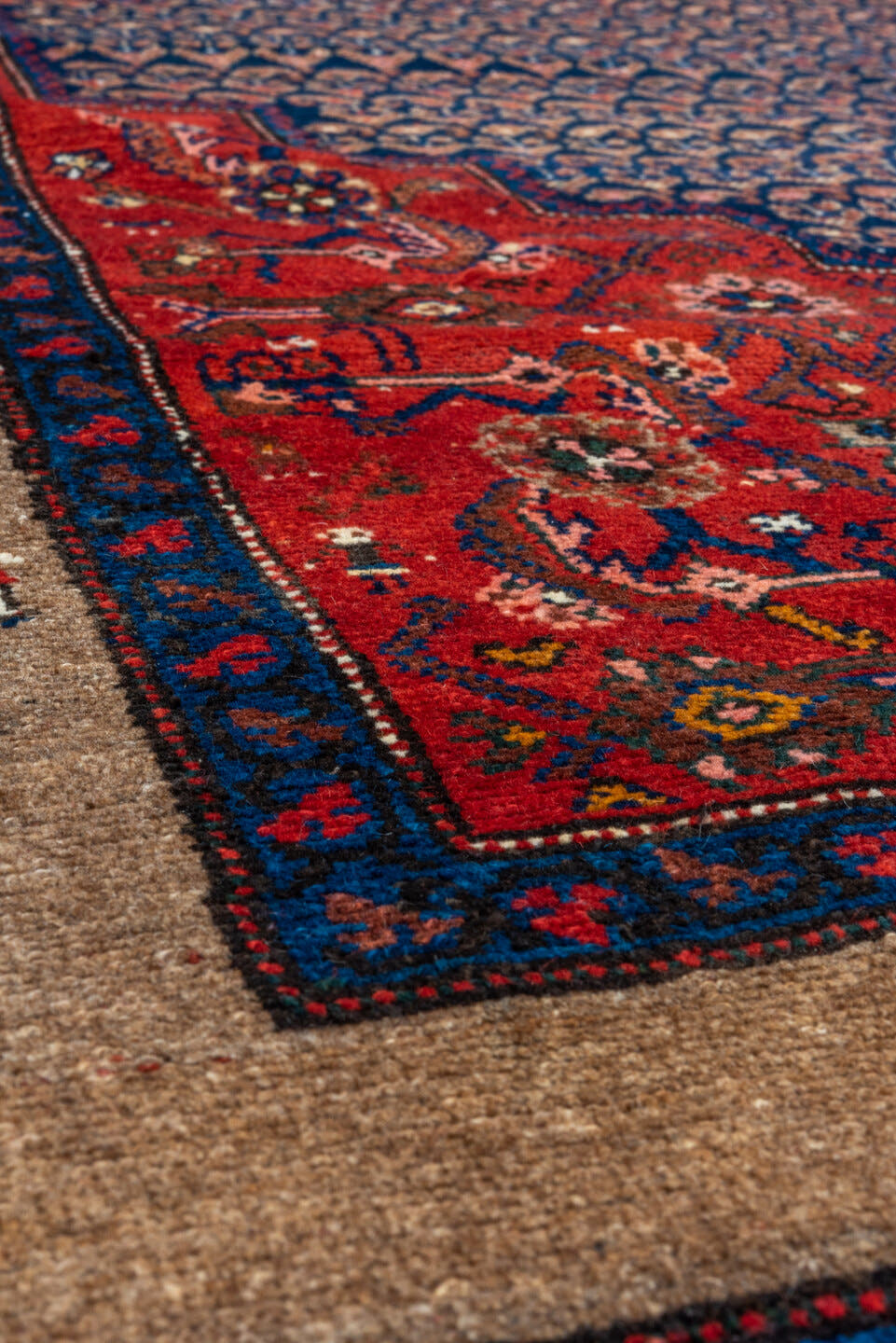 4' x 7' one-of-a-kind handmade antique Hamadan rug. Color palette: rust, indigo, taupe, ivory, crimson, navy, camel