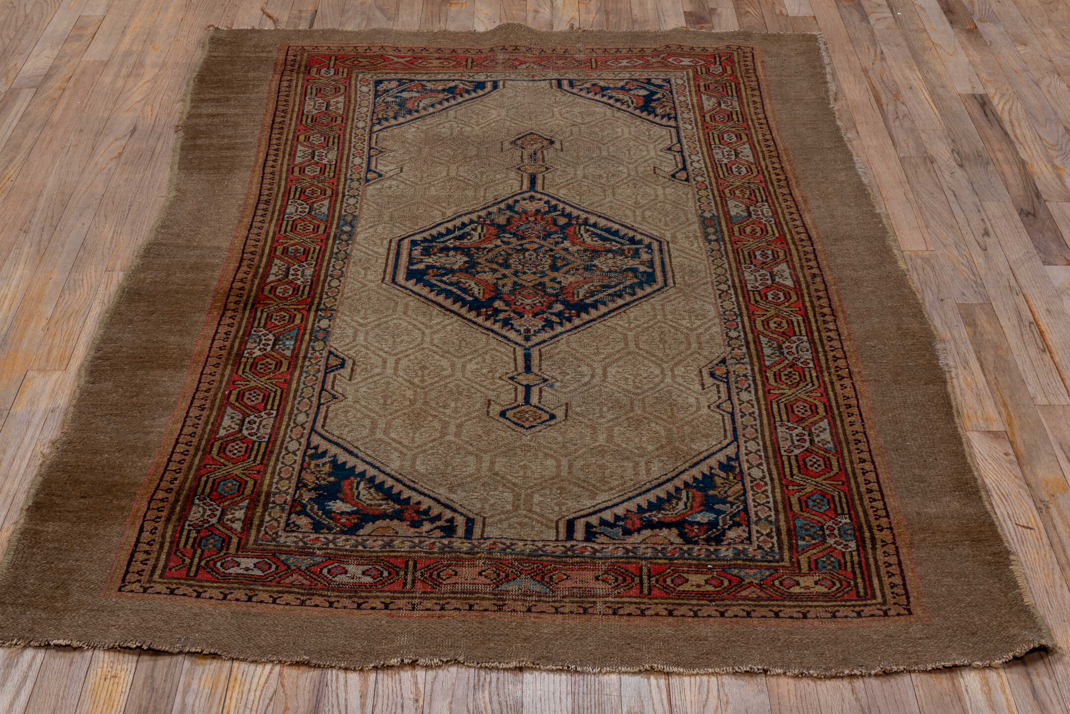 4' x 6' one-of-a-kind handmade vintage Cam Hamadan small size rug. Color palette: camel, ivory, rust, navy, taupe, soft blue