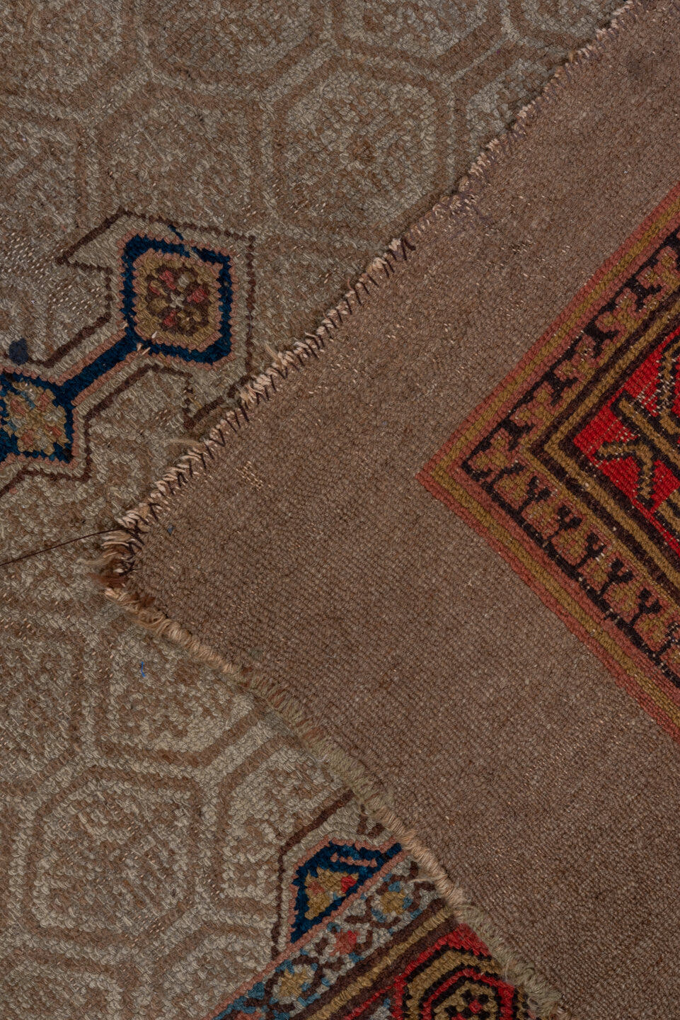 4' x 6' one-of-a-kind handmade vintage Cam Hamadan small size rug. Color palette: camel, ivory, rust, navy, taupe, soft blue