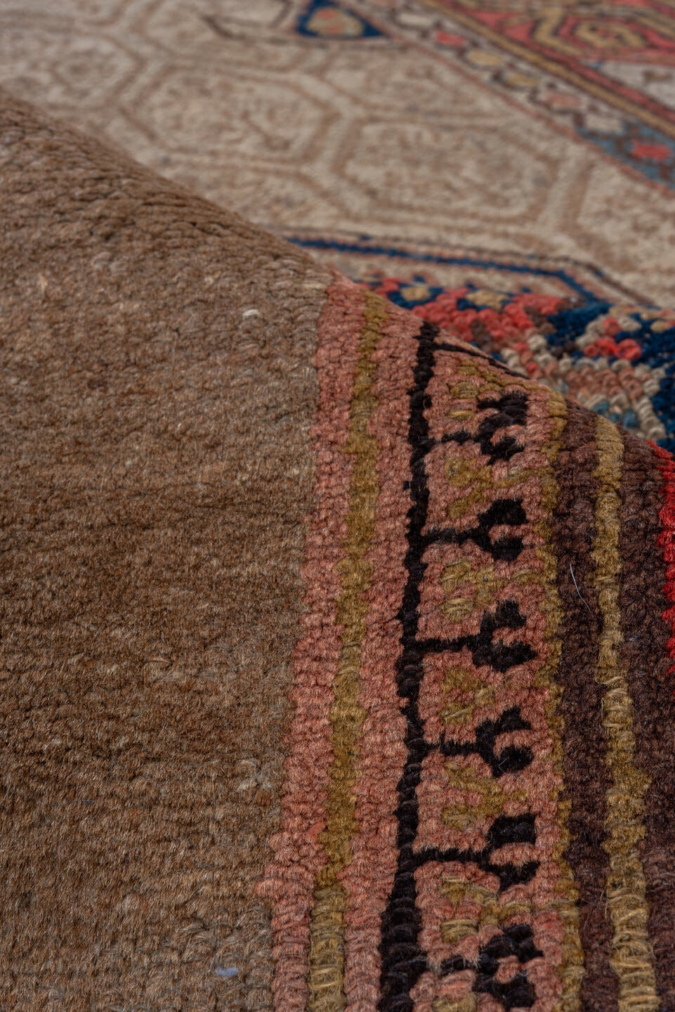 4' x 6' one-of-a-kind handmade vintage Cam Hamadan small size rug. Color palette: camel, ivory, rust, navy, taupe, soft blue