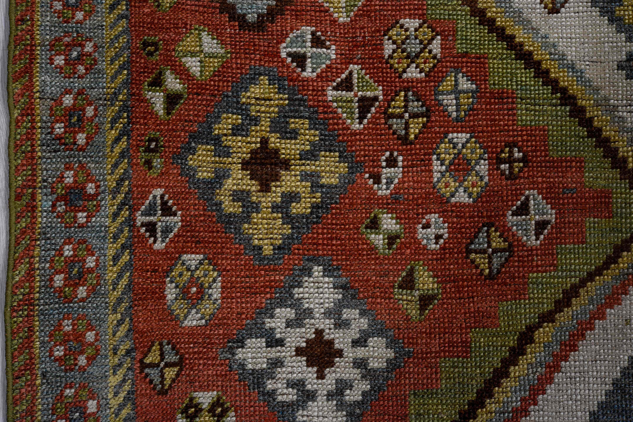 4' x 7' one-of-a-kind handmade vintage Gabbe rug. Color palette: rust, ivory, olive, slate, taupe, charcoal, sage, crimson