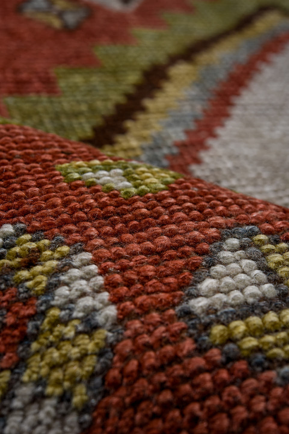 4' x 7' one-of-a-kind handmade vintage Gabbe rug. Color palette: rust, ivory, olive, slate, taupe, charcoal, sage, crimson