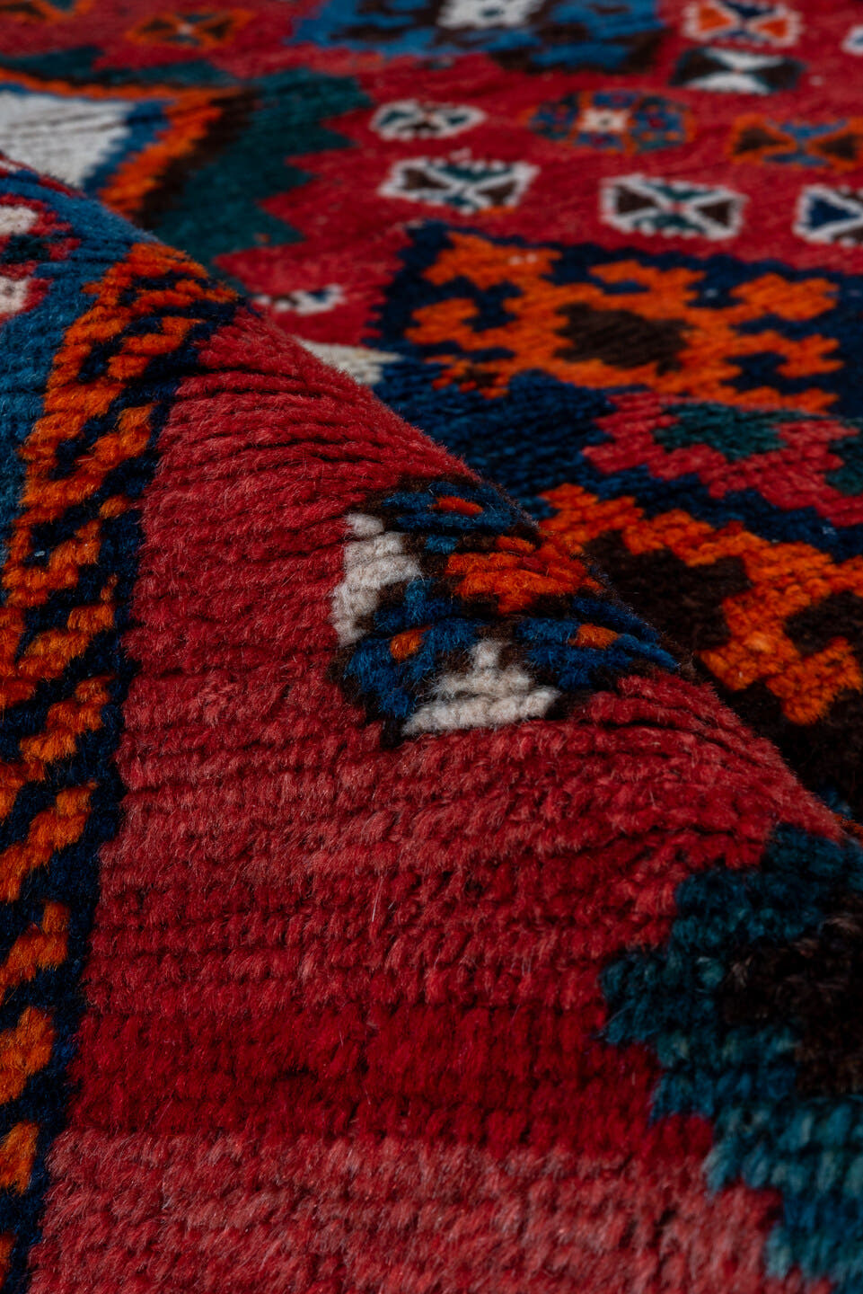 4' x 7' one-of-a-kind handmade vintage Gabbe rug. Color palette: rust, ivory, olive, slate, taupe, charcoal, sage, crimson
