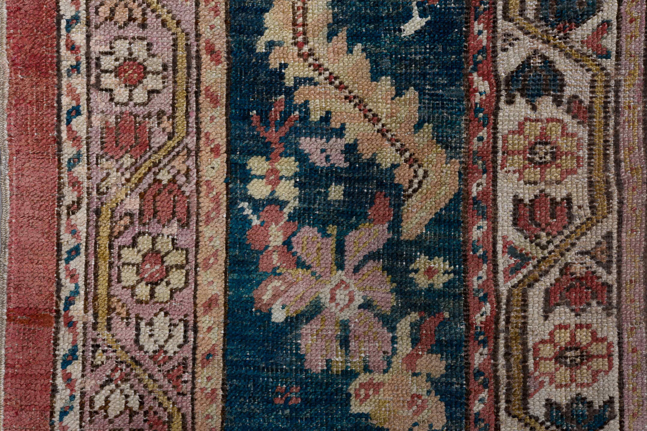 12' x 13' one-of-a-kind handmade antique Oushak oversize rug. Color palette: rose, teal, ivory, taupe, dusty pink, sage