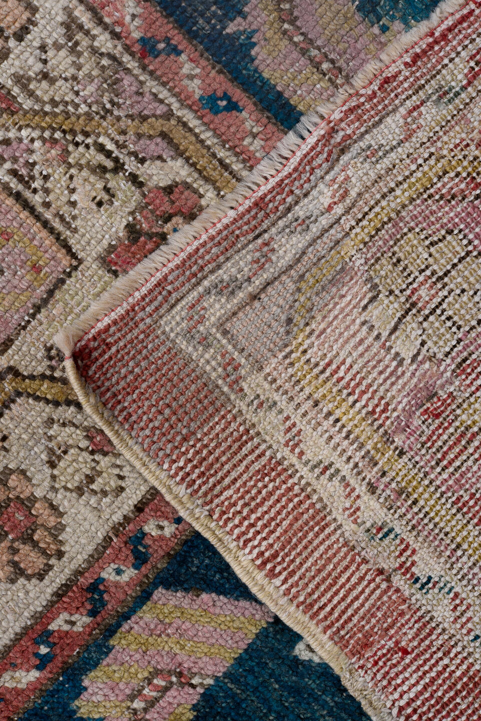 12' x 13' one-of-a-kind handmade antique Oushak oversize rug. Color palette: rose, teal, ivory, taupe, dusty pink, sage