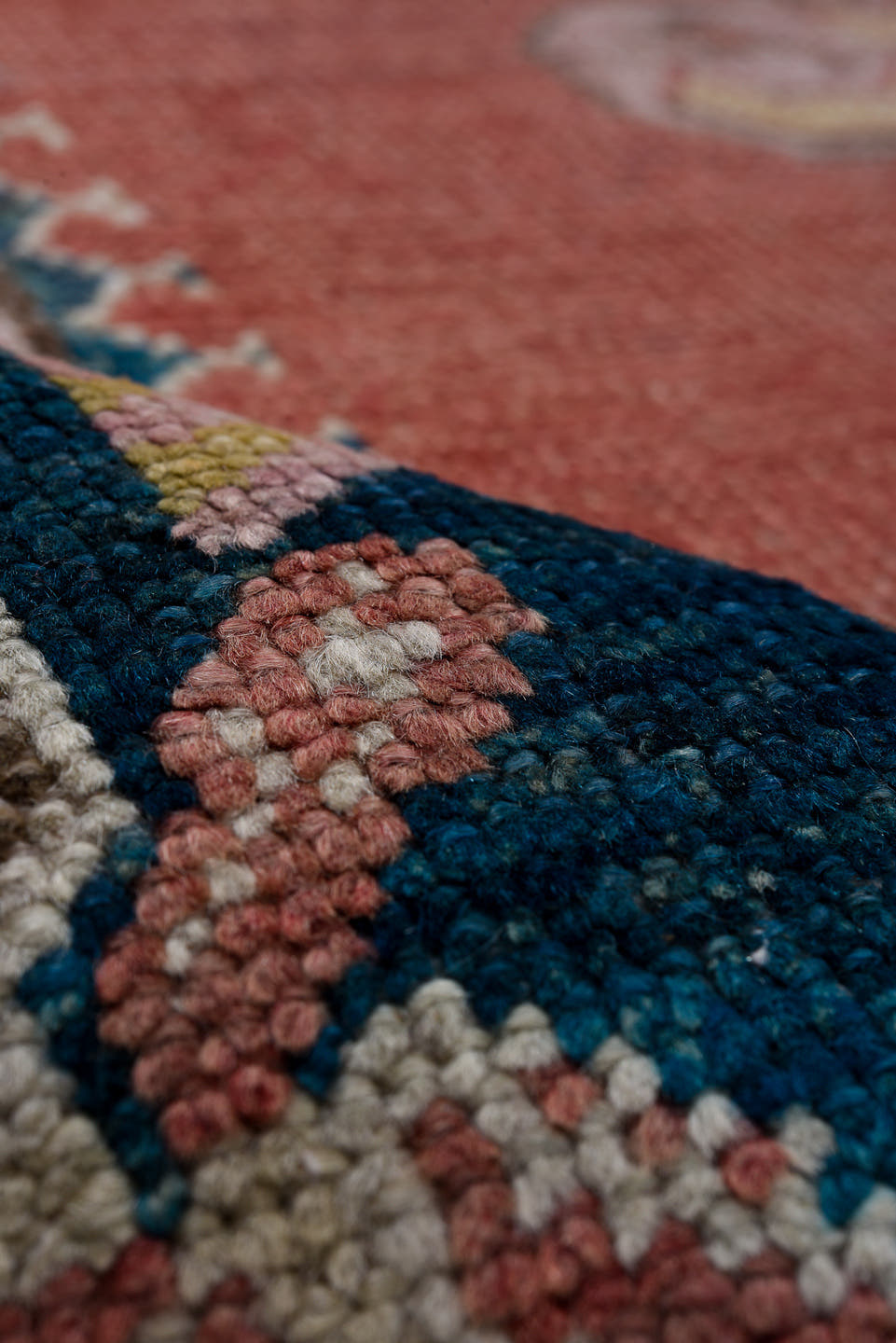 12' x 13' one-of-a-kind handmade antique Oushak oversize rug. Color palette: rose, teal, ivory, taupe, dusty pink, sage