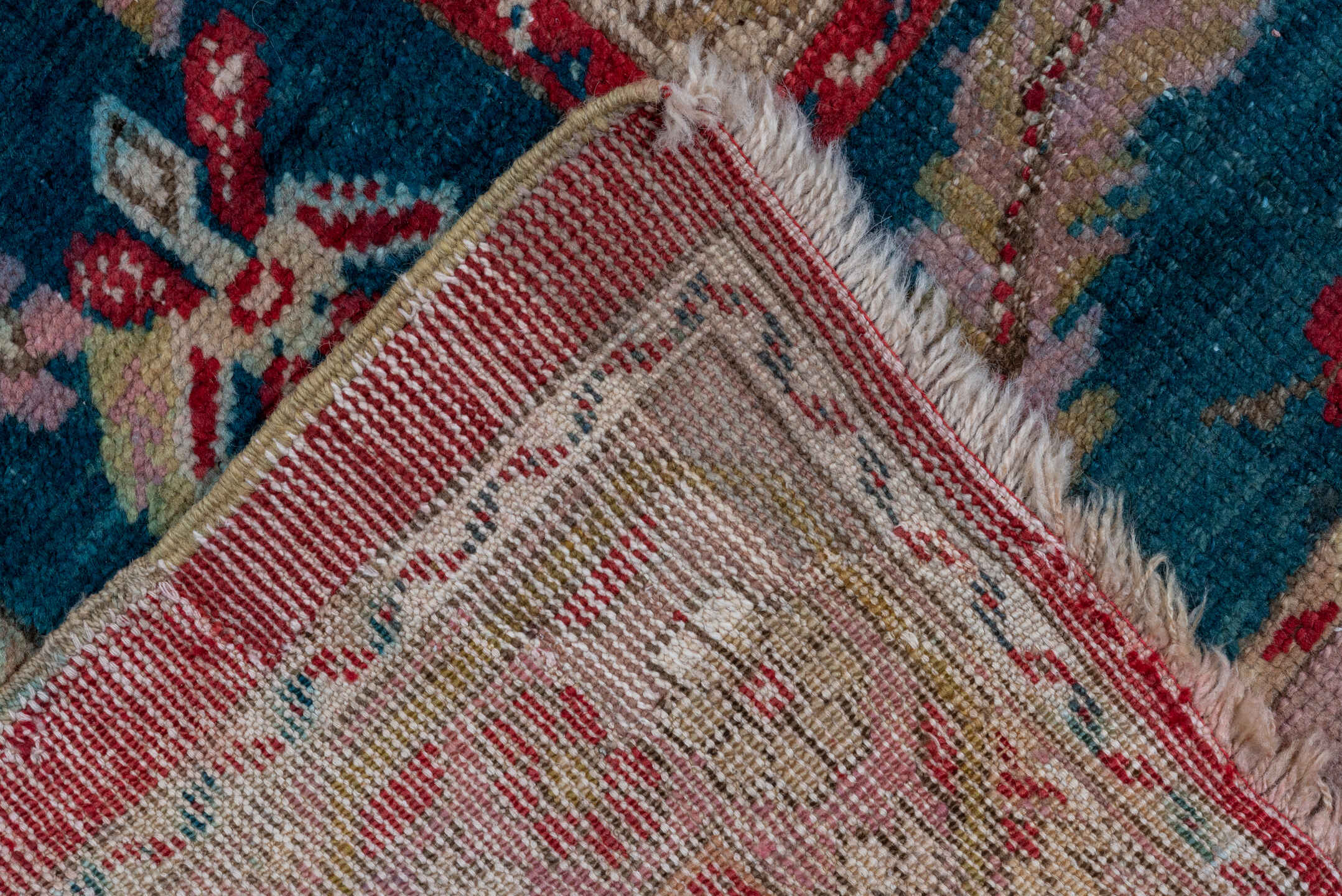12' x 13' one-of-a-kind handmade antique Oushak oversize rug. Color palette: rose, teal, ivory, taupe, dusty pink, sage