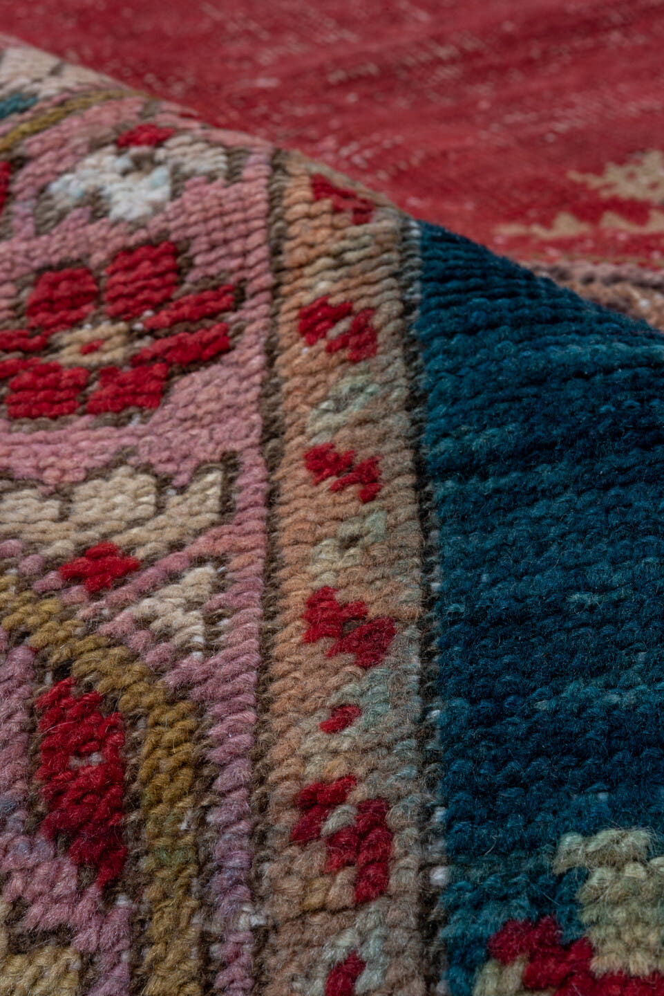 12' x 13' one-of-a-kind handmade antique Oushak oversize rug. Color palette: rose, teal, ivory, taupe, dusty pink, sage