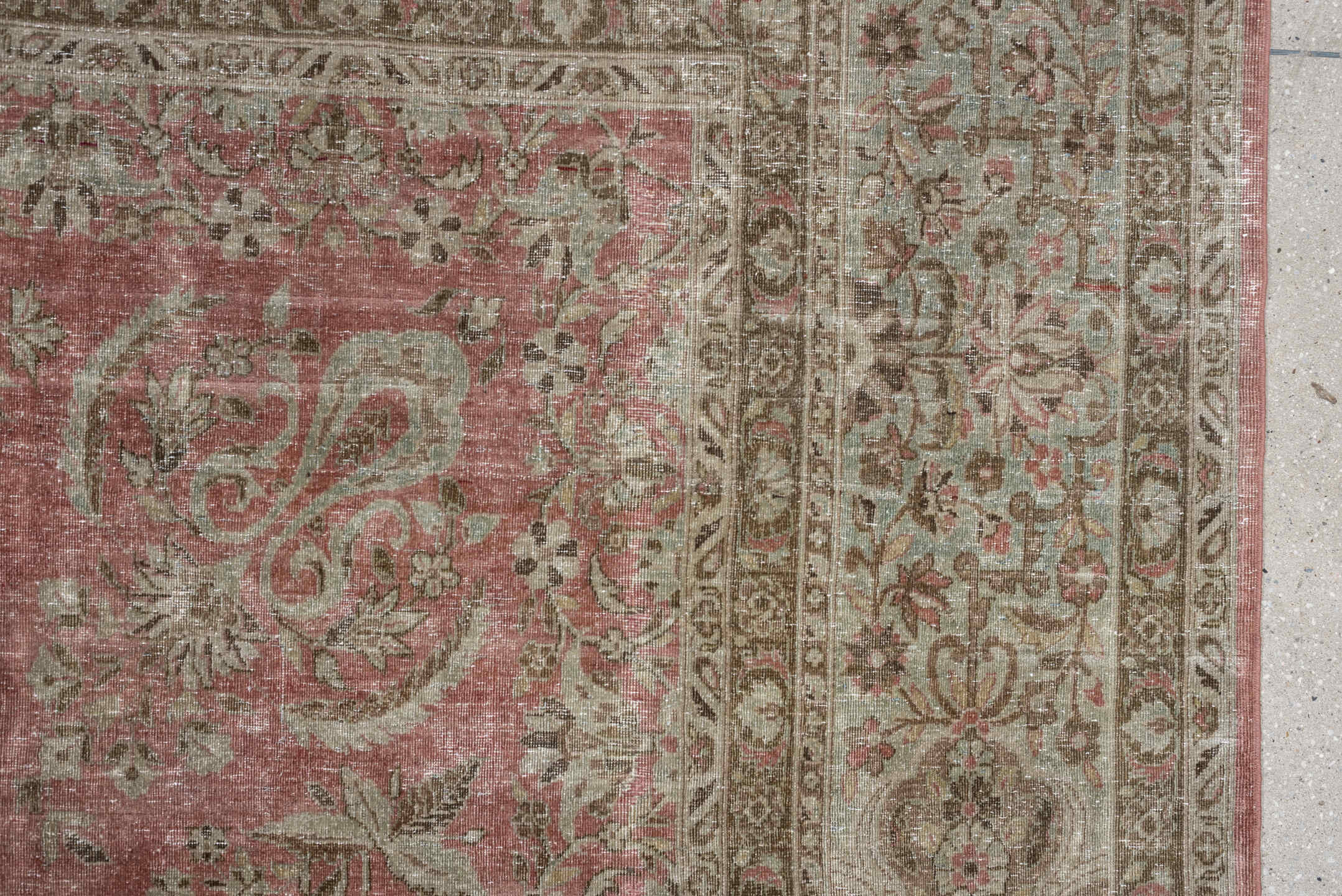 8' x 11' one-of-a-kind handmade antique Kashan large size rug. Color palette: rose, ivory, pale aqua, taupe, sage, camel