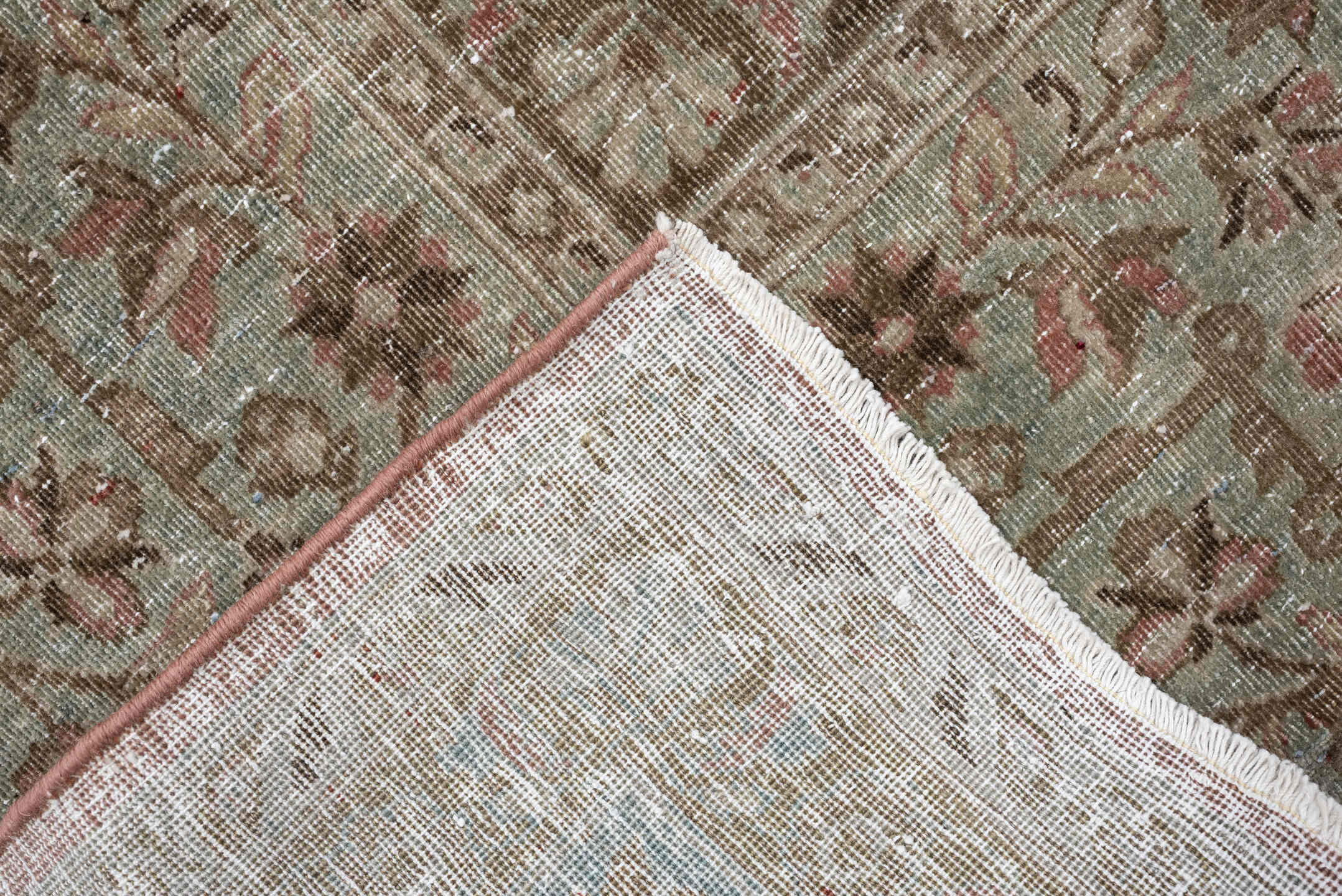 8' x 11' one-of-a-kind handmade antique Kashan large size rug. Color palette: rose, ivory, pale aqua, taupe, sage, camel