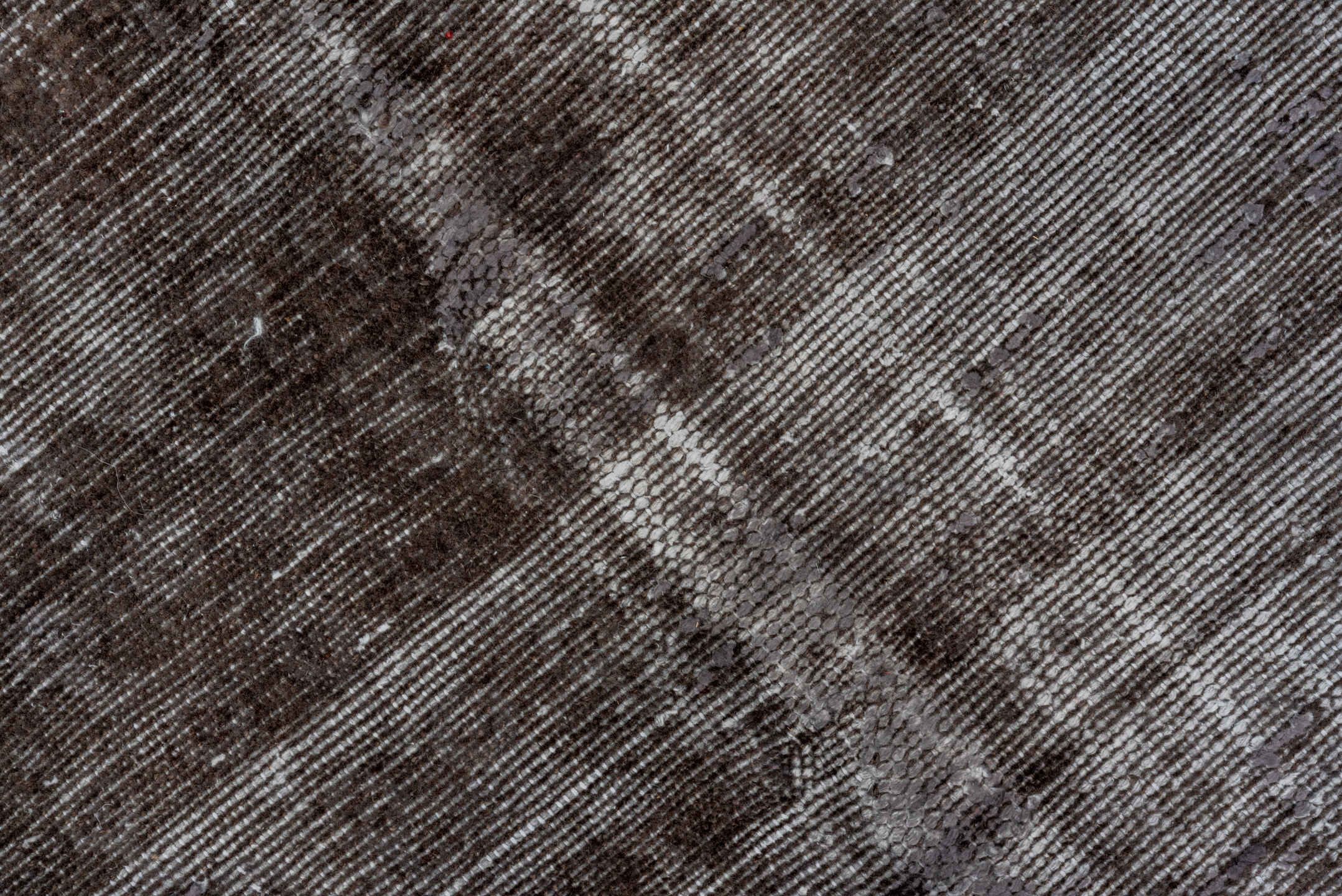 4' x 11' one-of-a-kind handmade vintage Distressed runner rug. Color palette: charcoal, silver, gray, taupe, black, beige