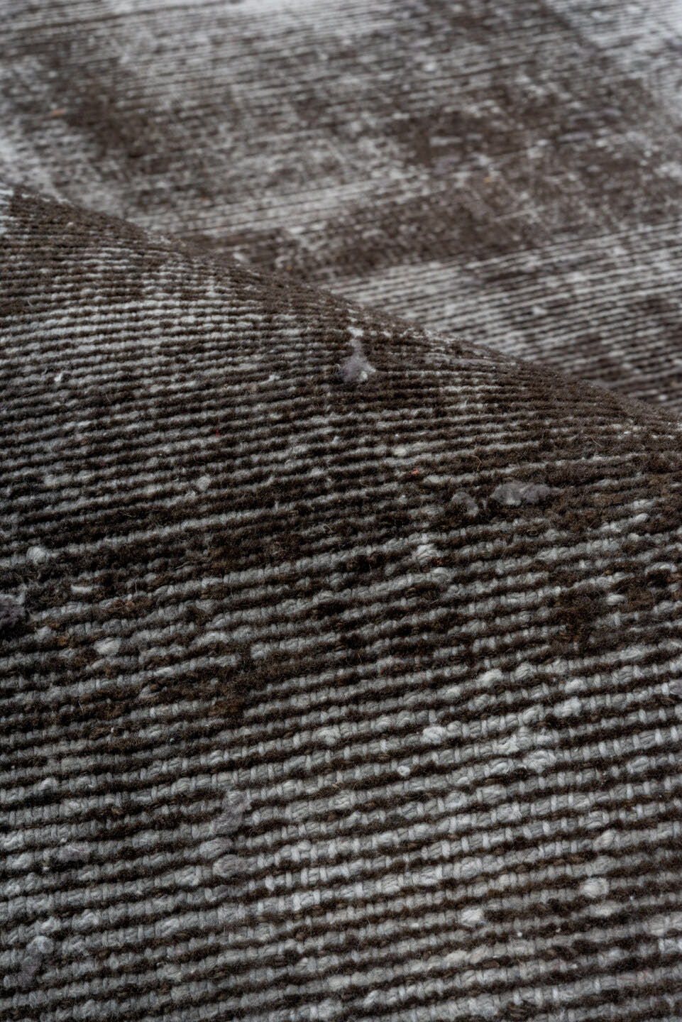 4' x 11' one-of-a-kind handmade vintage Distressed runner rug. Color palette: charcoal, silver, gray, taupe, black, beige