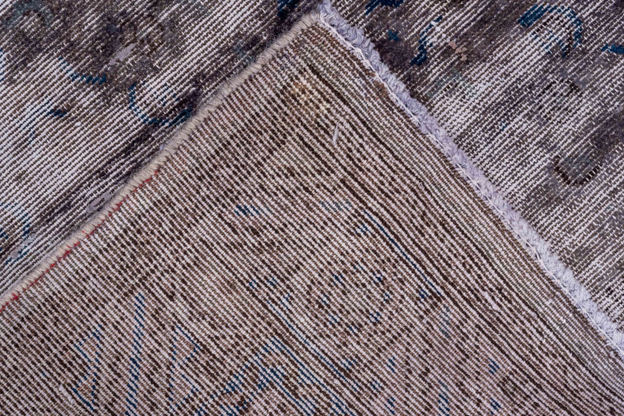 3' x 10' one-of-a-kind handmade vintage Overdyed runner rug. Color palette: blue, gainsboro, gray, light blue, light gray