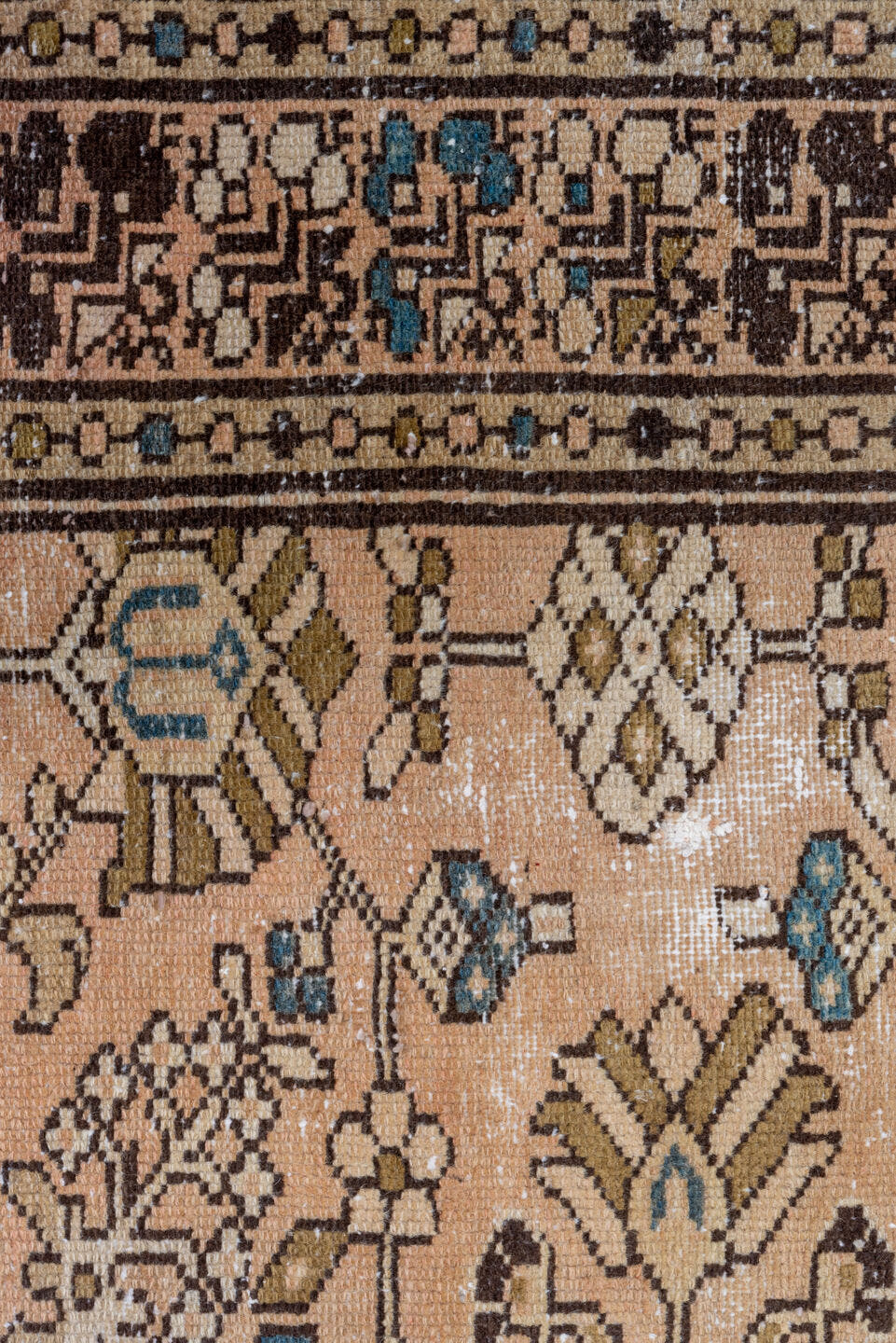 5' x 9' one-of-a-kind handmade vintage Distressed medium size rug. Color palette: tan, ivory, brown, muted blue, taupe