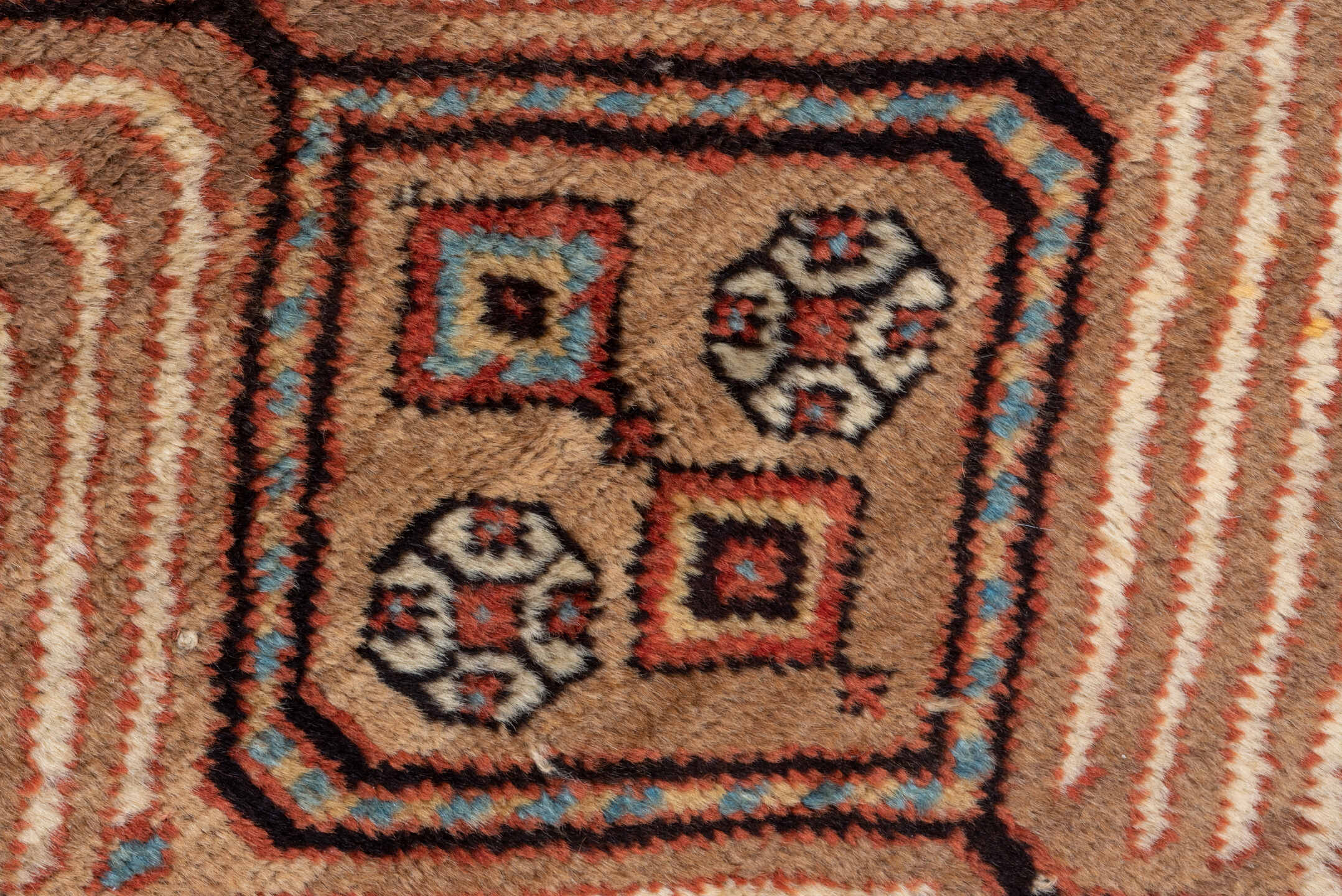 4' x 8' one-of-a-kind handmade vintage Sarab runner rug. Color palette: blue, brown, gray, orange, pink, tan