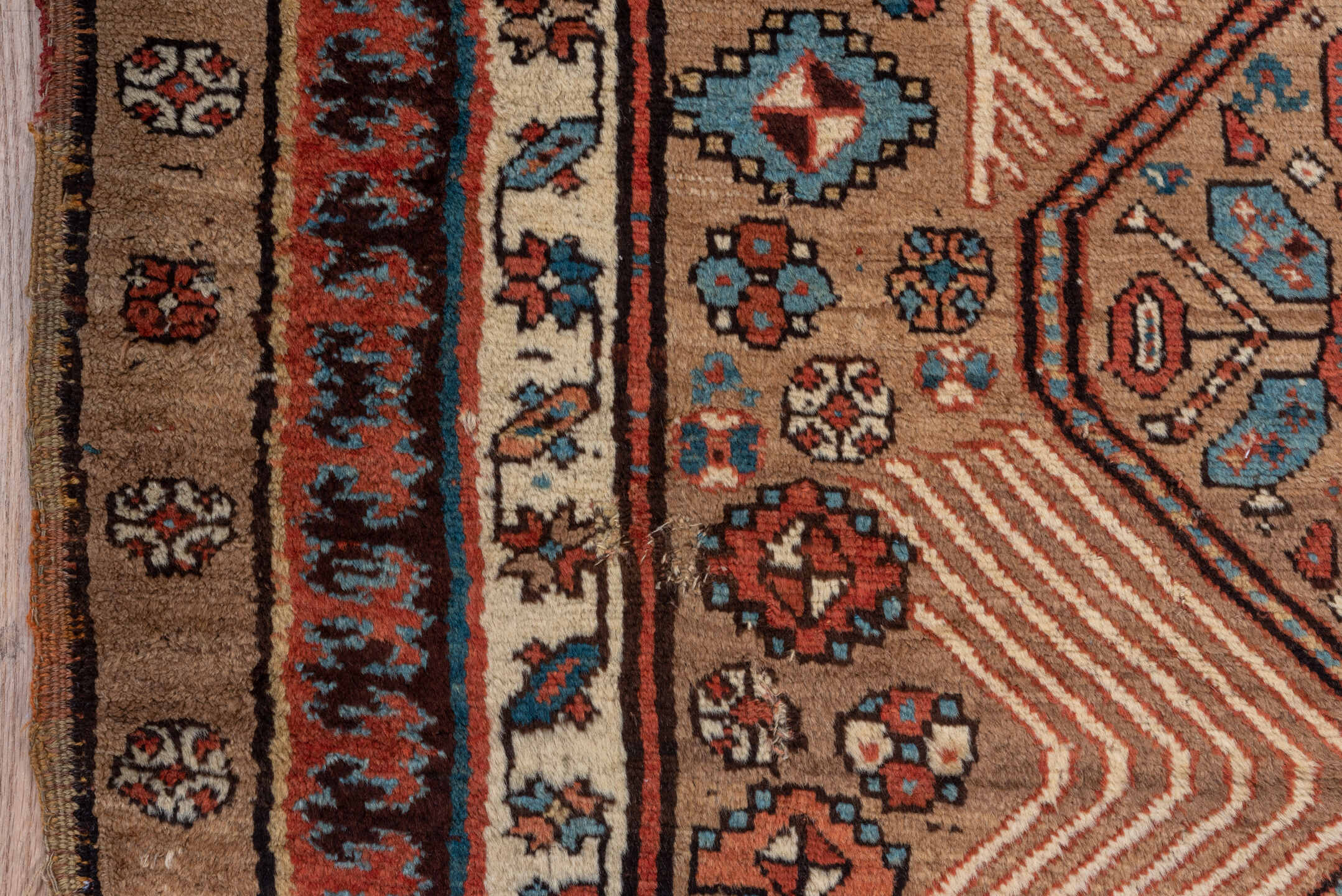 4' x 8' one-of-a-kind handmade antique Sarab runner rug. Color palette: camel, taupe, ivory, rust, indigo, brown, slate