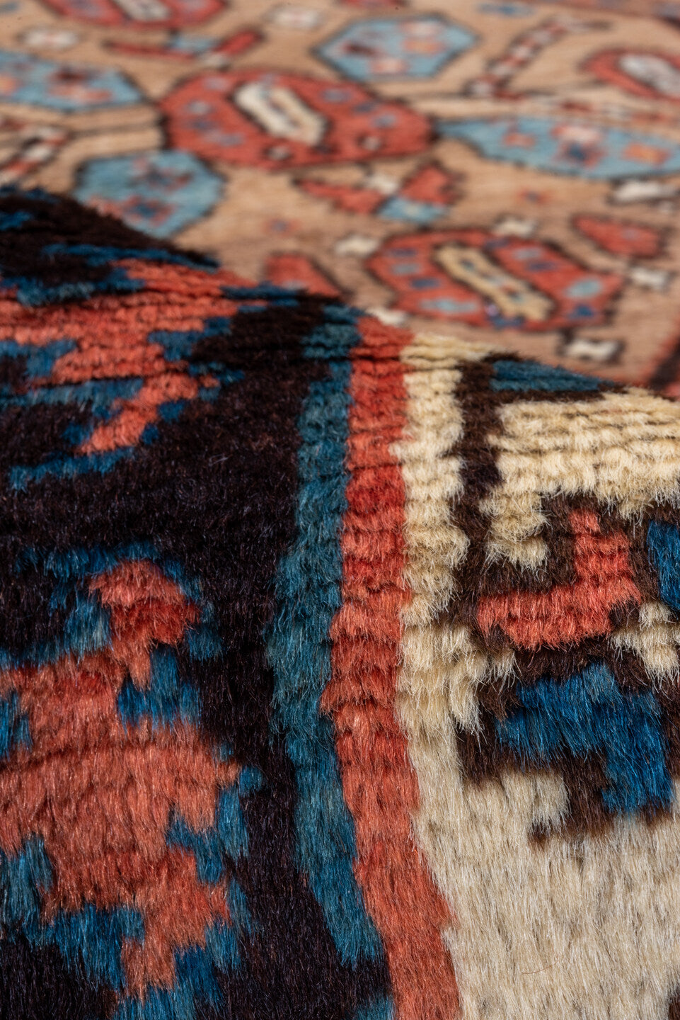 4' x 8' one-of-a-kind handmade vintage Sarab runner rug. Color palette: blue, brown, gray, orange, pink, tan