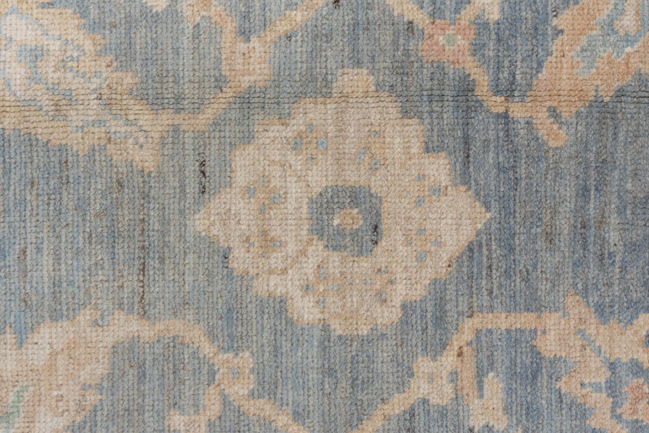 8' x 9' one-of-a-kind handmade vintage Oushak rug. Color palette: light blue, ivory, cream, sage, gold, taupe, pale aqua