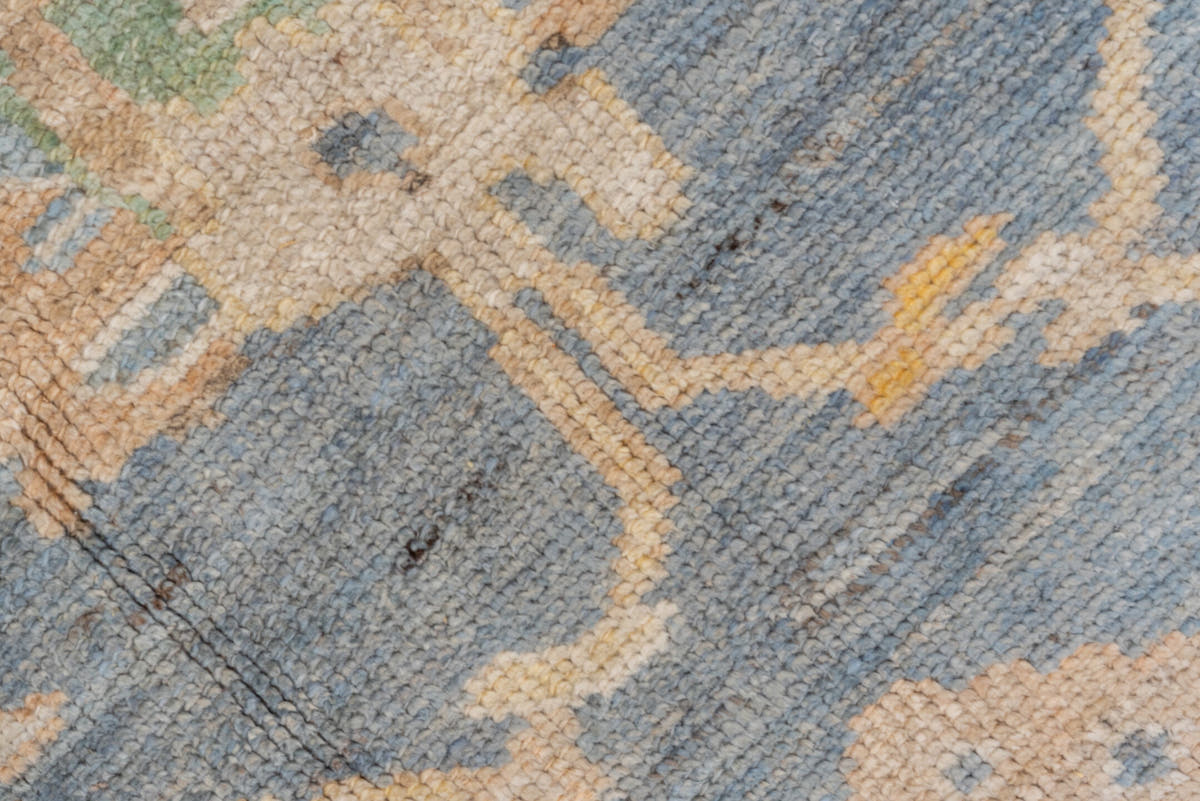 8' x 9' one-of-a-kind handmade vintage Oushak rug. Color palette: light blue, ivory, cream, sage, gold, taupe, pale aqua