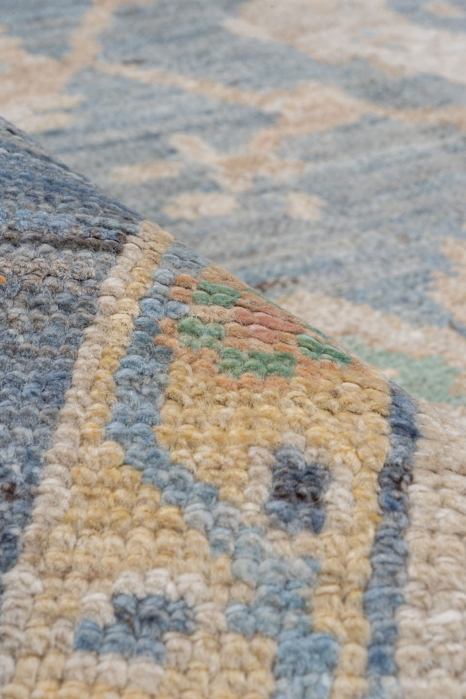 8' x 9' one-of-a-kind handmade vintage Oushak rug. Color palette: light blue, ivory, cream, sage, gold, taupe, pale aqua