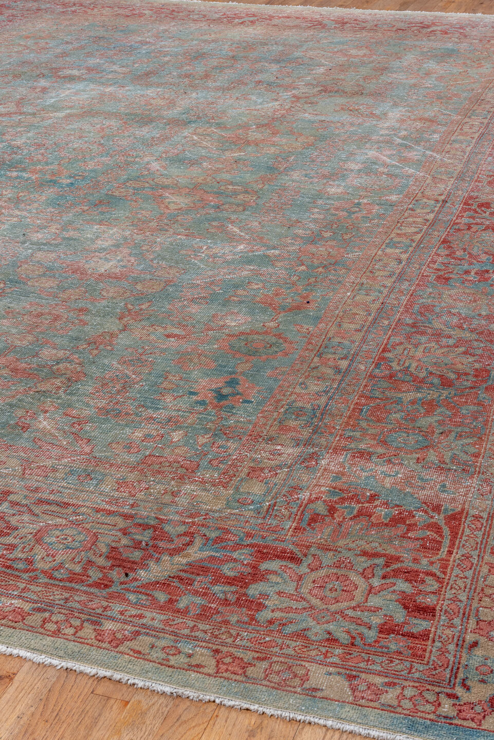 10' x 14' one-of-a-kind handmade antique Mahal oversize rug. Color palette: aqua, rose, rust, ivory, taupe, slate, teal