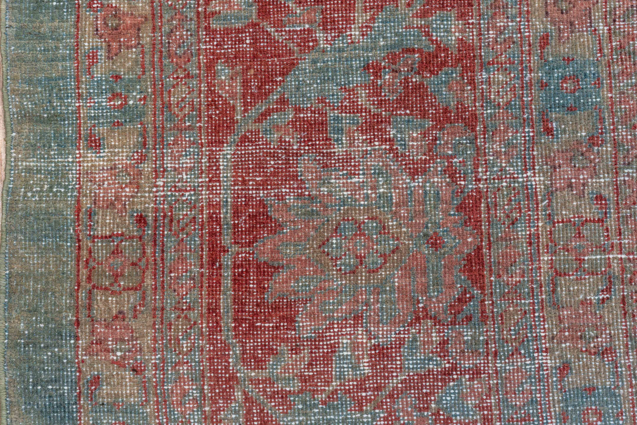 10' x 14' one-of-a-kind handmade antique Mahal oversize rug. Color palette: aqua, rose, rust, ivory, taupe, slate, teal