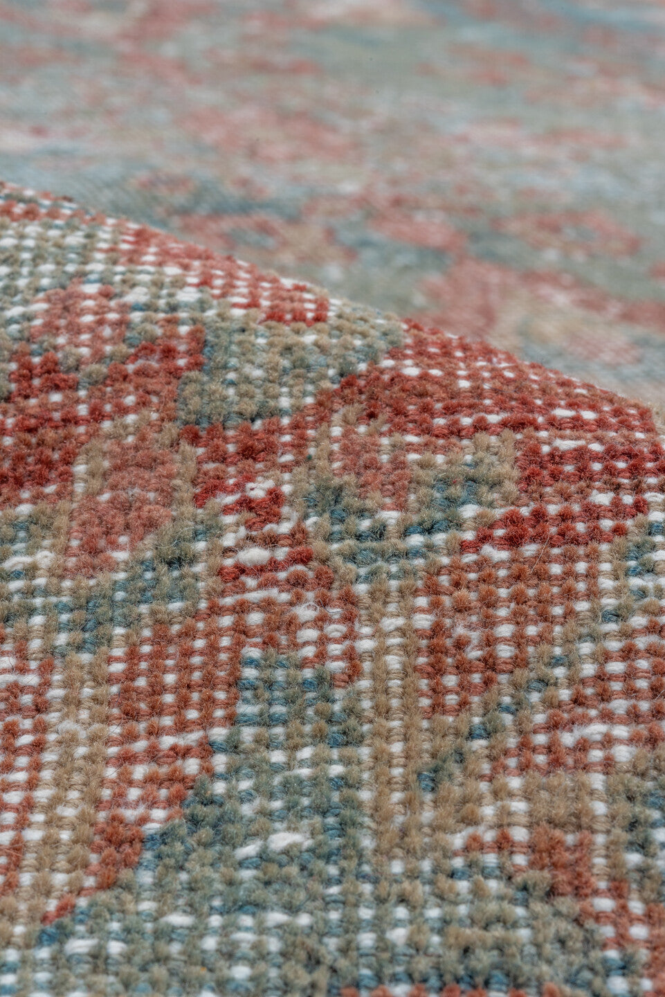 10' x 14' one-of-a-kind handmade antique Mahal oversize rug. Color palette: aqua, rose, rust, ivory, taupe, slate, teal