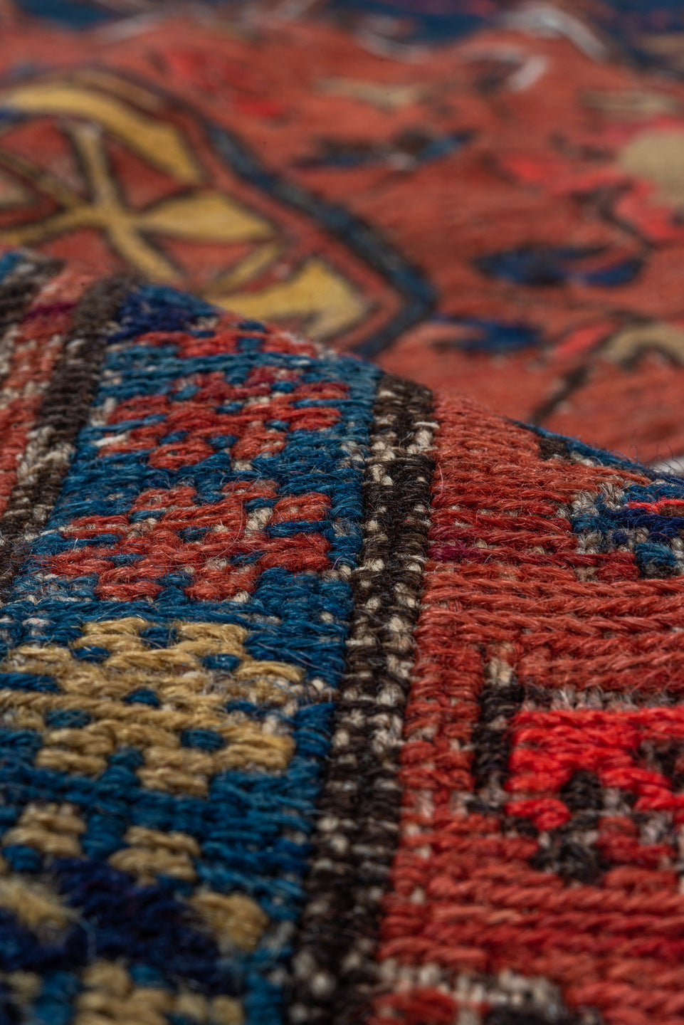 6' x 9' one-of-a-kind handmade vintage Sumak medium size rug. Color palette: blue, brown, dark gray, gray, indian red, pink