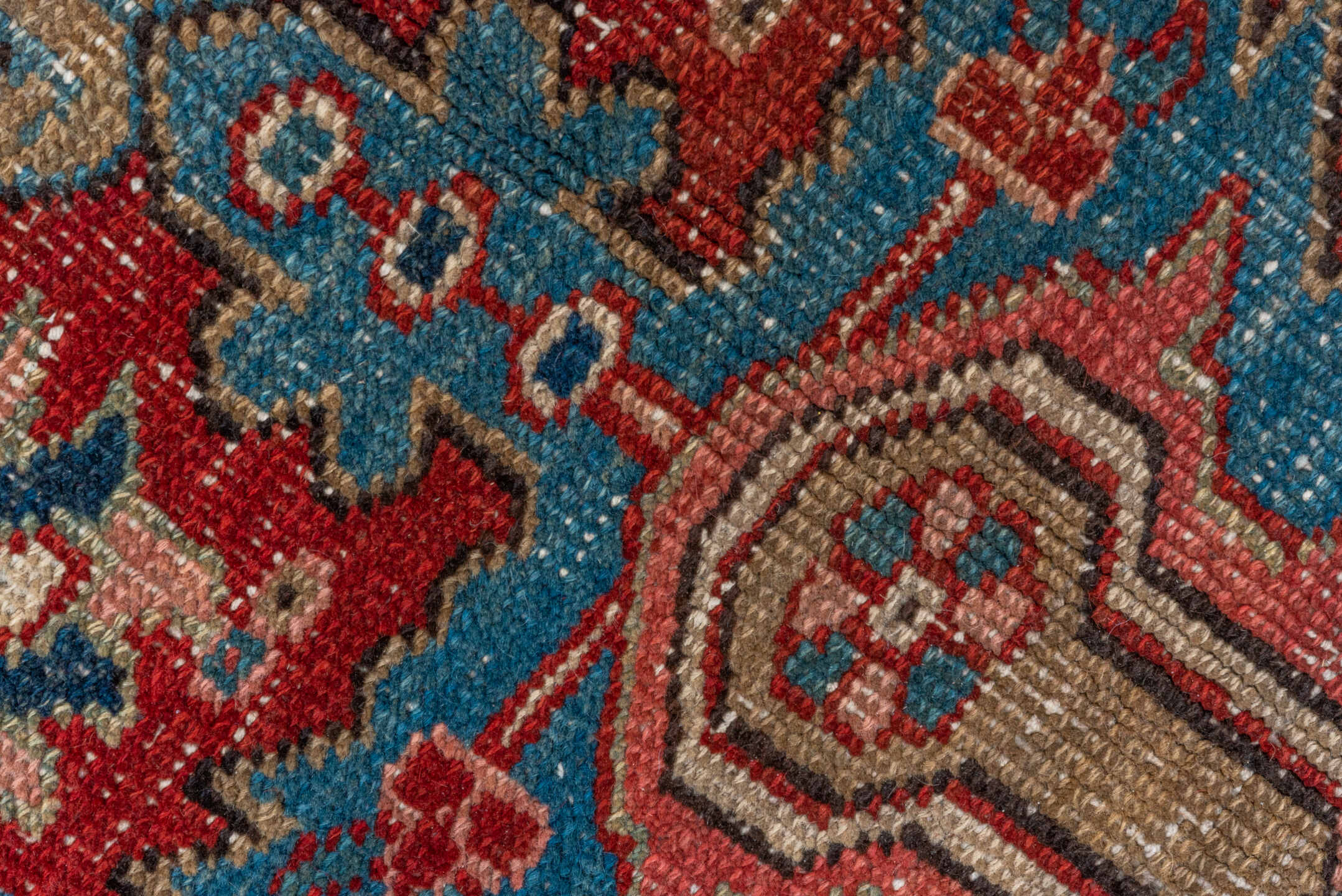 8' x 12' one-of-a-kind handmade antique Heriz large size rug. Color palette: brick red, ivory, navy, dusty teal, taupe, rose