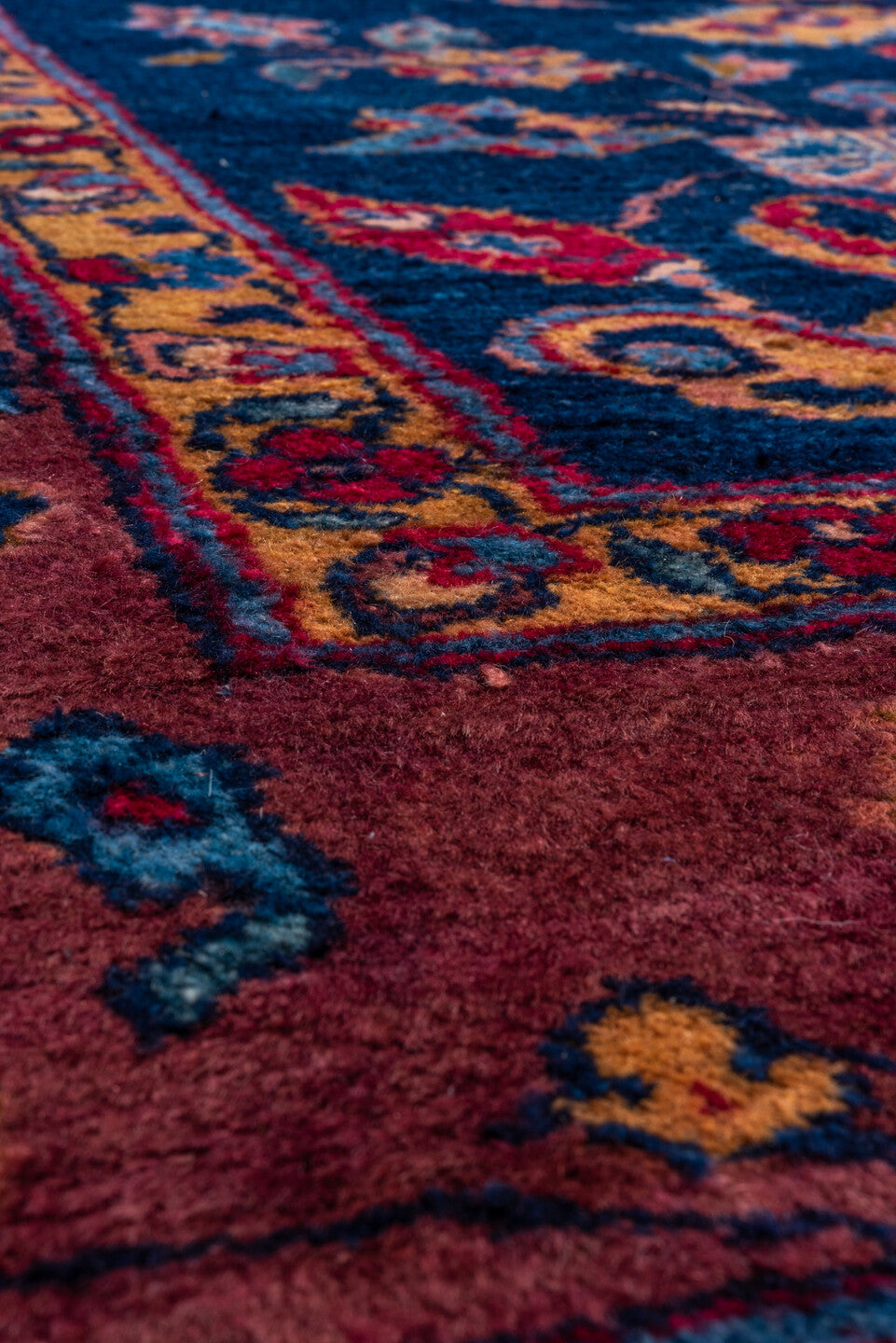 8' x 12' one-of-a-kind handmade vintage Mahal large size rug. Color palette: blue, brown, fiord, gray, pink, red