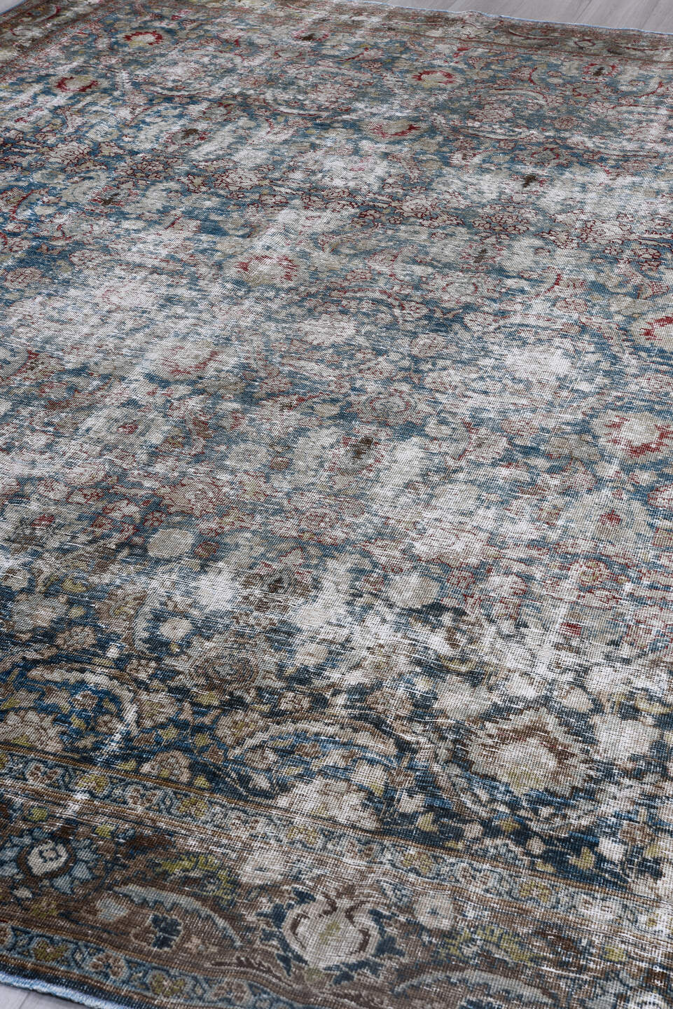 8' x 11' one-of-a-kind handmade antique Tabriz large size rug. Color palette: blue, ivory, taupe, rust, sage, rose, brown