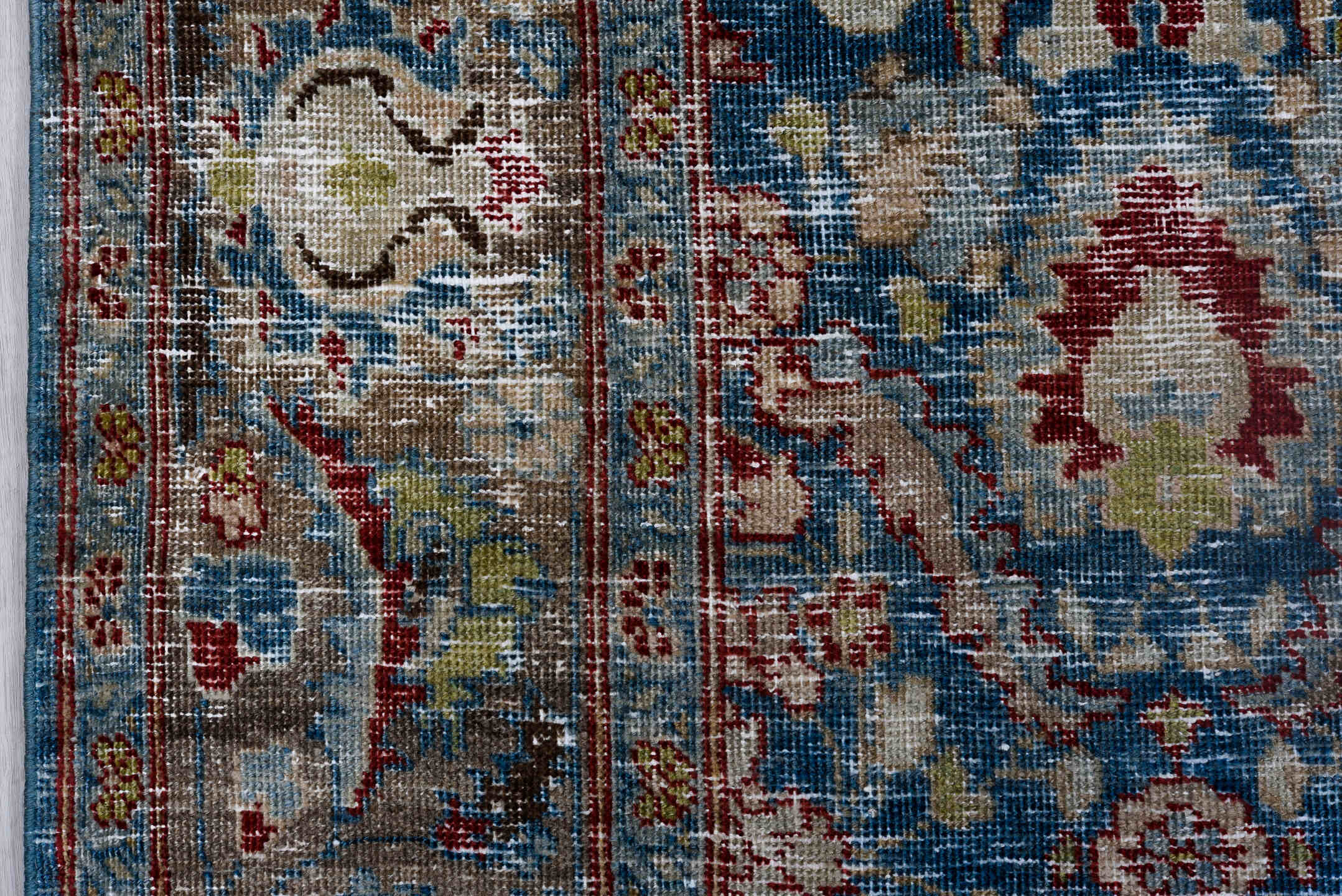 8' x 11' one-of-a-kind handmade antique Tabriz large size rug. Color palette: blue, ivory, taupe, rust, sage, rose, brown