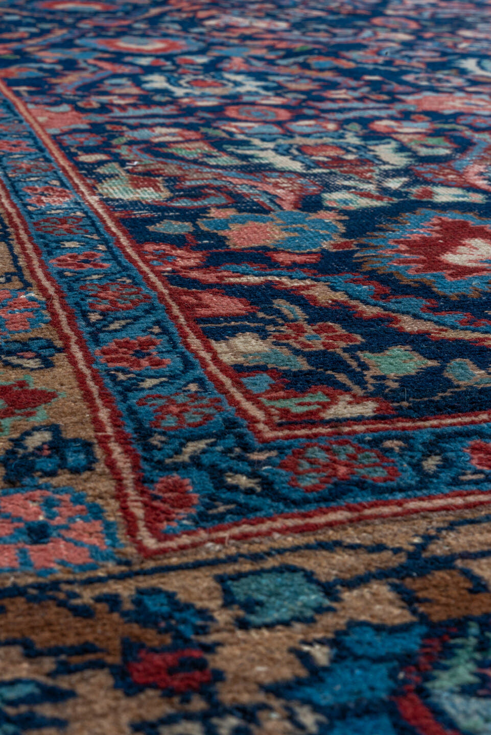 8' x 11' one-of-a-kind handmade antique Tabriz large size rug. Color palette: blue, ivory, taupe, rust, sage, rose, brown