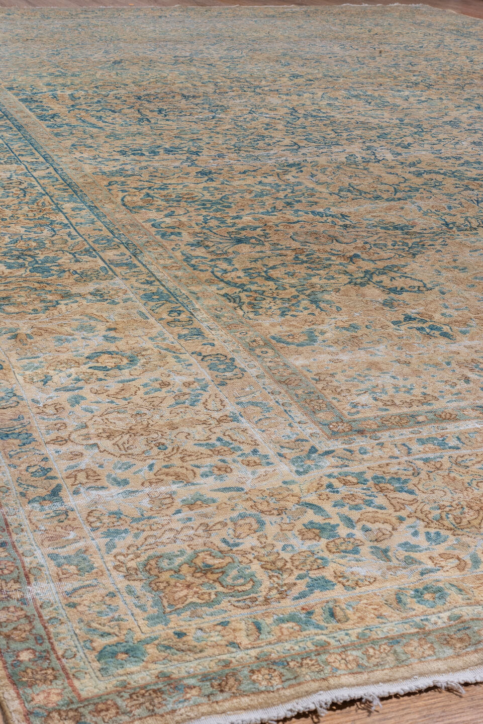 9' x 16' one-of-a-kind handmade vintage Kerman rug. Color palette: ivory, sky blue, beige, taupe, camel, light blue, gray