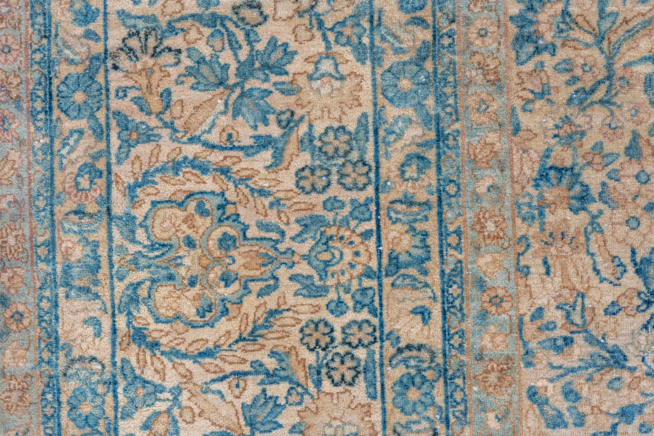 9' x 16' one-of-a-kind handmade vintage Kerman rug. Color palette: ivory, sky blue, beige, taupe, camel, light blue, gray