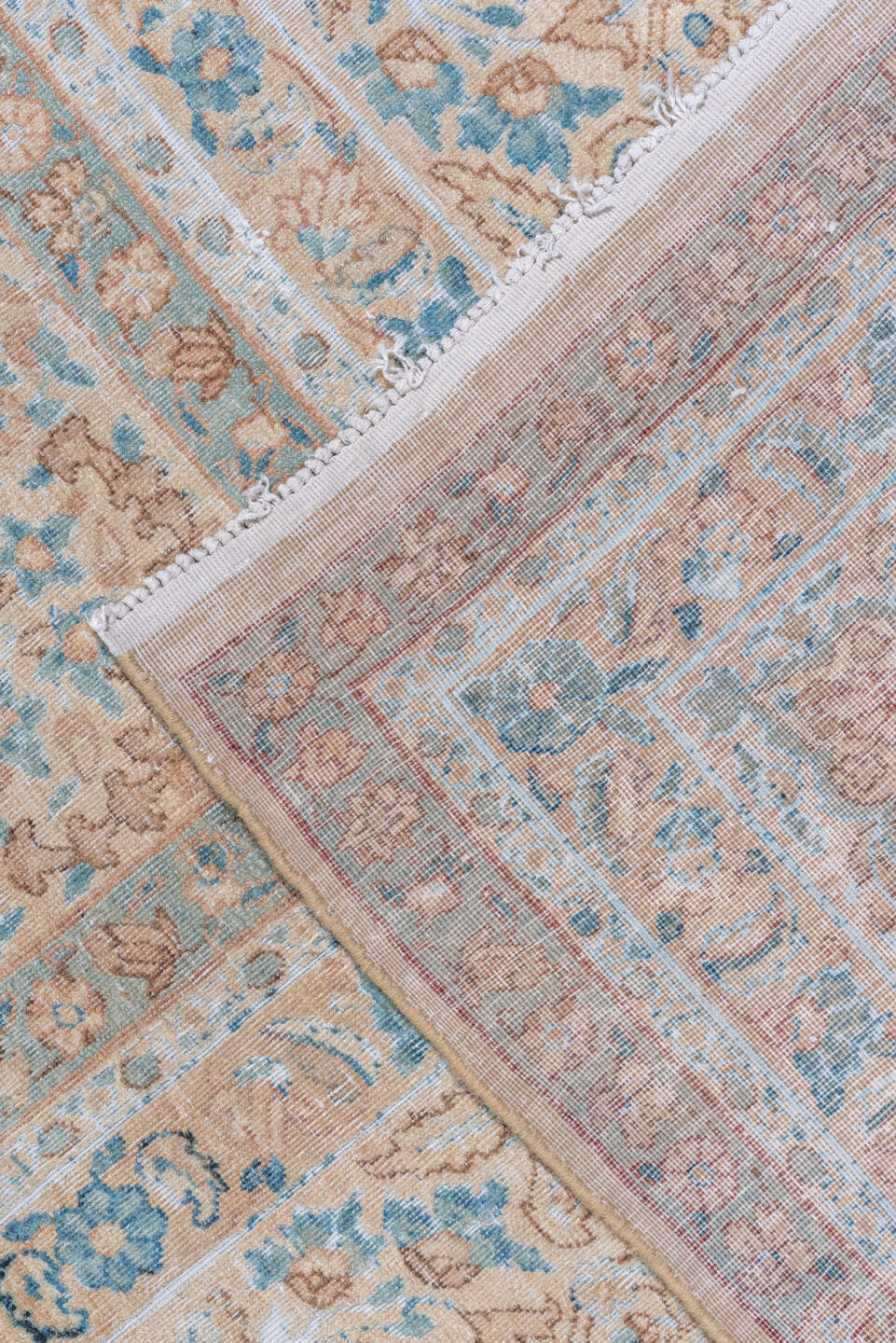 9' x 16' one-of-a-kind handmade vintage Kerman rug. Color palette: ivory, sky blue, beige, taupe, camel, light blue, gray