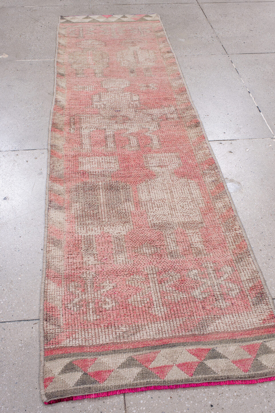 2' x 9' one-of-a-kind handmade antique Kars runner rug. Color palette: rose, ivory, taupe, gray, coral, pink, red, beige