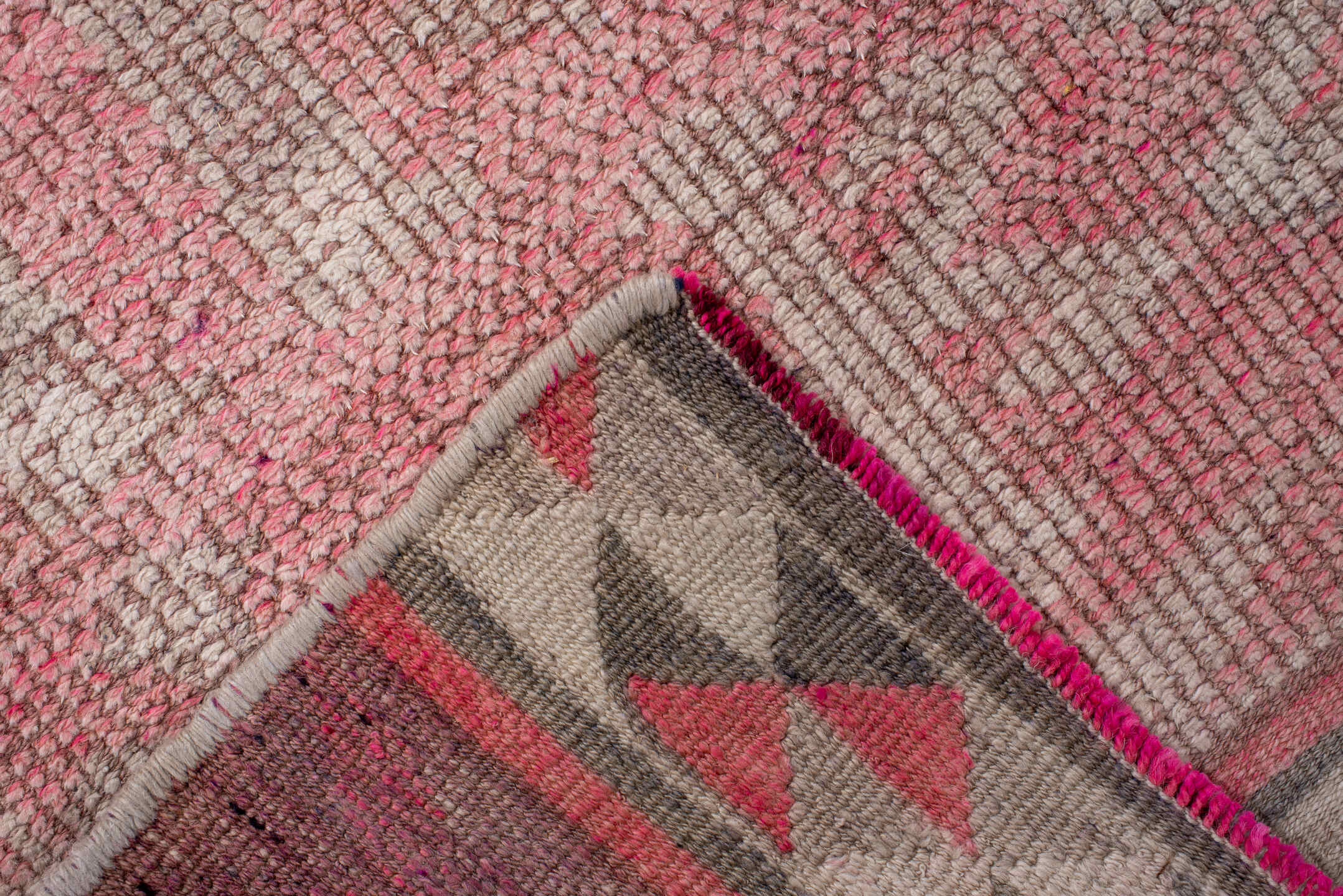 2' x 9' one-of-a-kind handmade antique Kars runner rug. Color palette: rose, ivory, taupe, gray, coral, pink, red, beige