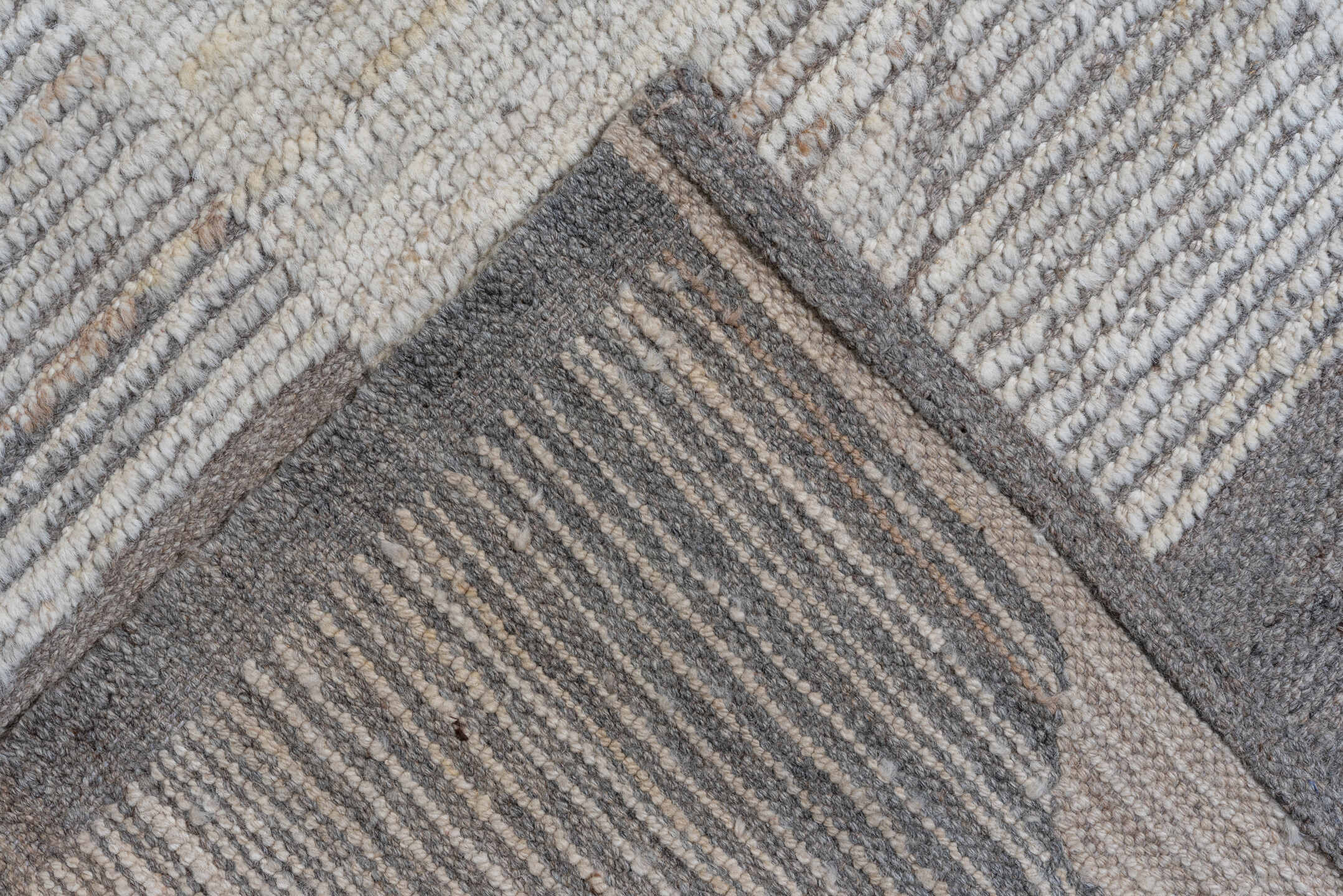 12' x 19' one-of-a-kind handmade vintage Tulu oversize rug. Color palette: ivory, taupe, beige, cream, greige, gray