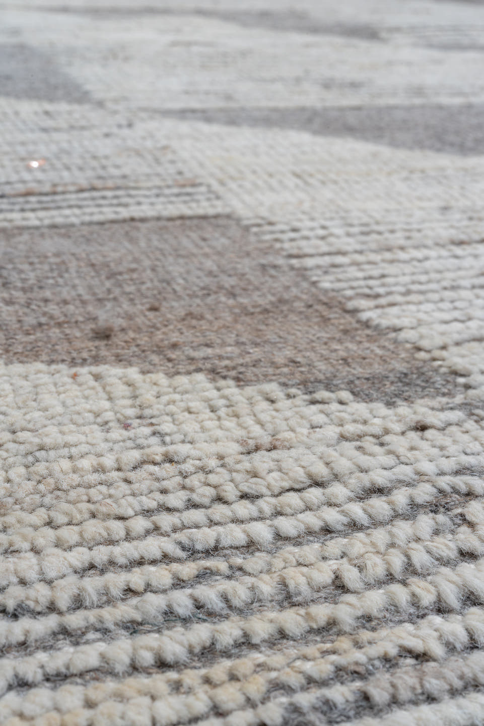 12' x 19' one-of-a-kind handmade vintage Tulu oversize rug. Color palette: ivory, taupe, beige, cream, greige, gray