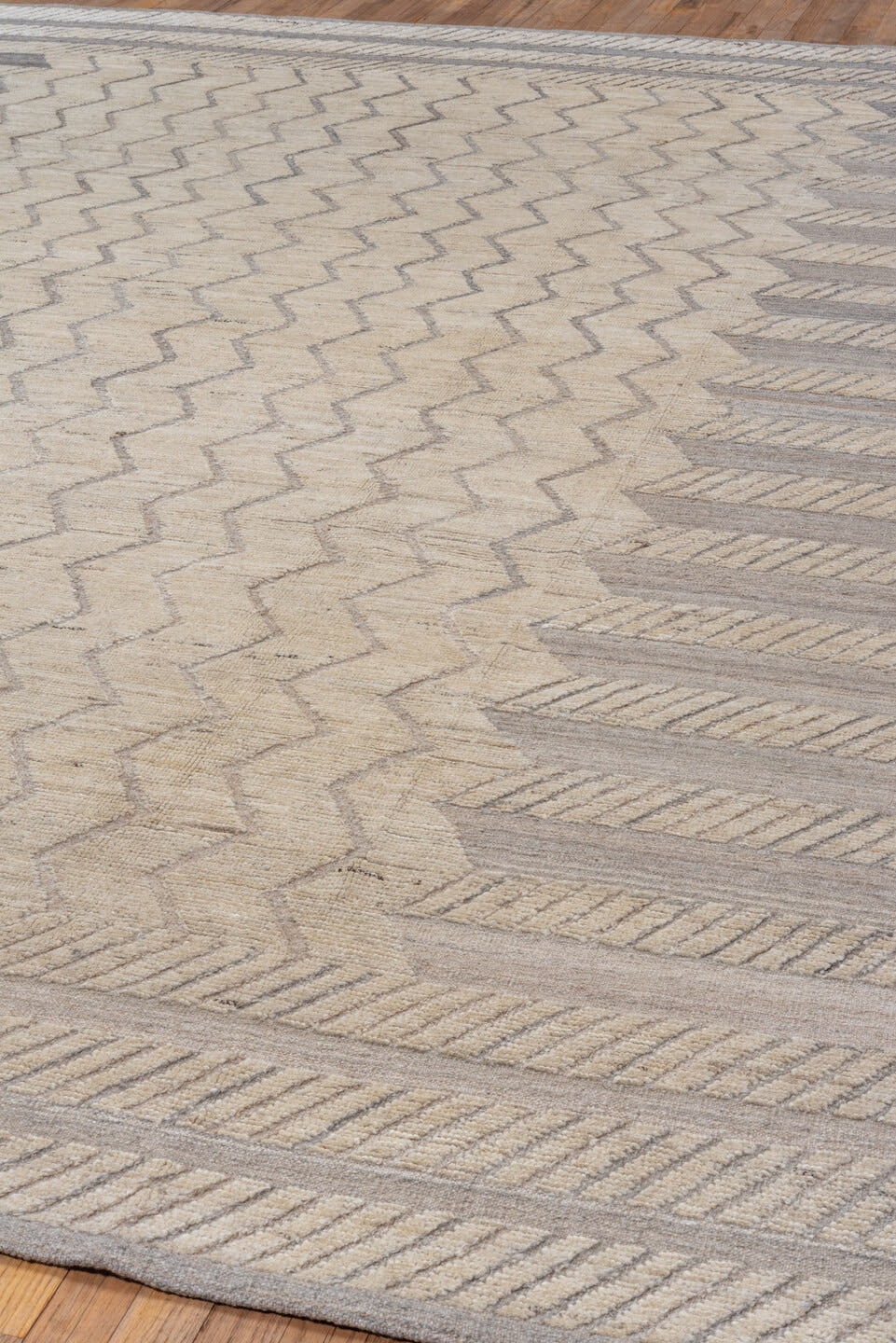 9' x 12' one-of-a-kind handmade vintage Tulu large size rug. Color palette: ivory, taupe, gray, cream, beige