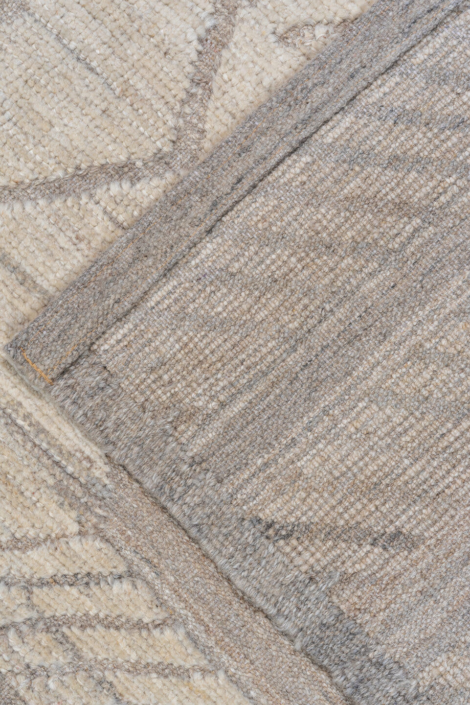 9' x 12' one-of-a-kind handmade vintage Tulu large size rug. Color palette: ivory, taupe, gray, cream, beige