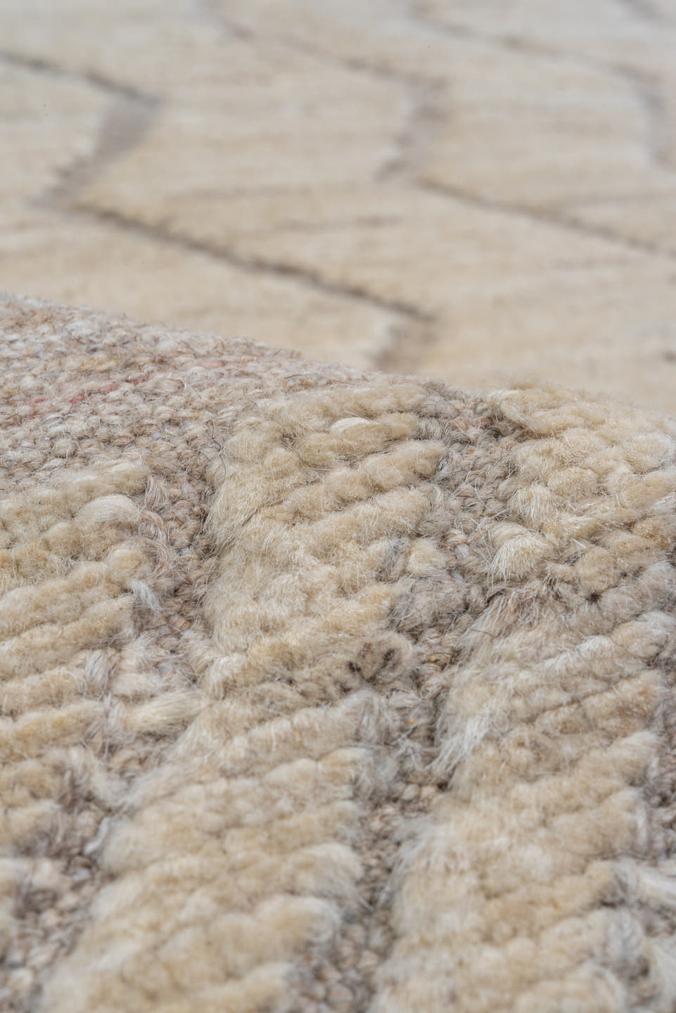 9' x 12' one-of-a-kind handmade vintage Tulu large size rug. Color palette: ivory, taupe, gray, cream, beige
