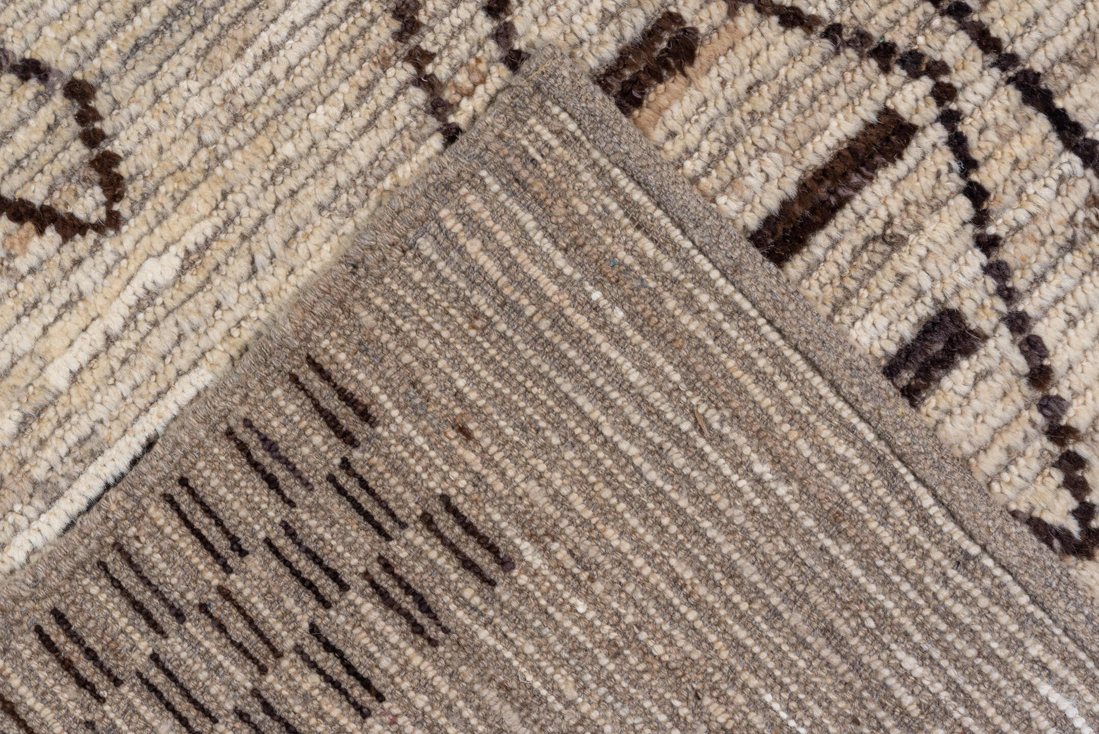 9' x 11' one-of-a-kind handmade vintage Tulu large size rug. Color palette: ivory, brown, taupe, charcoal, beige, gray