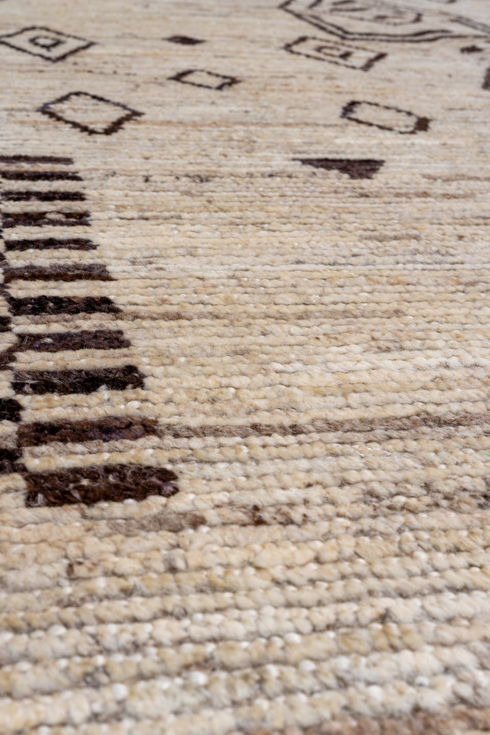 9' x 11' one-of-a-kind handmade vintage Tulu large size rug. Color palette: ivory, brown, taupe, charcoal, beige, gray