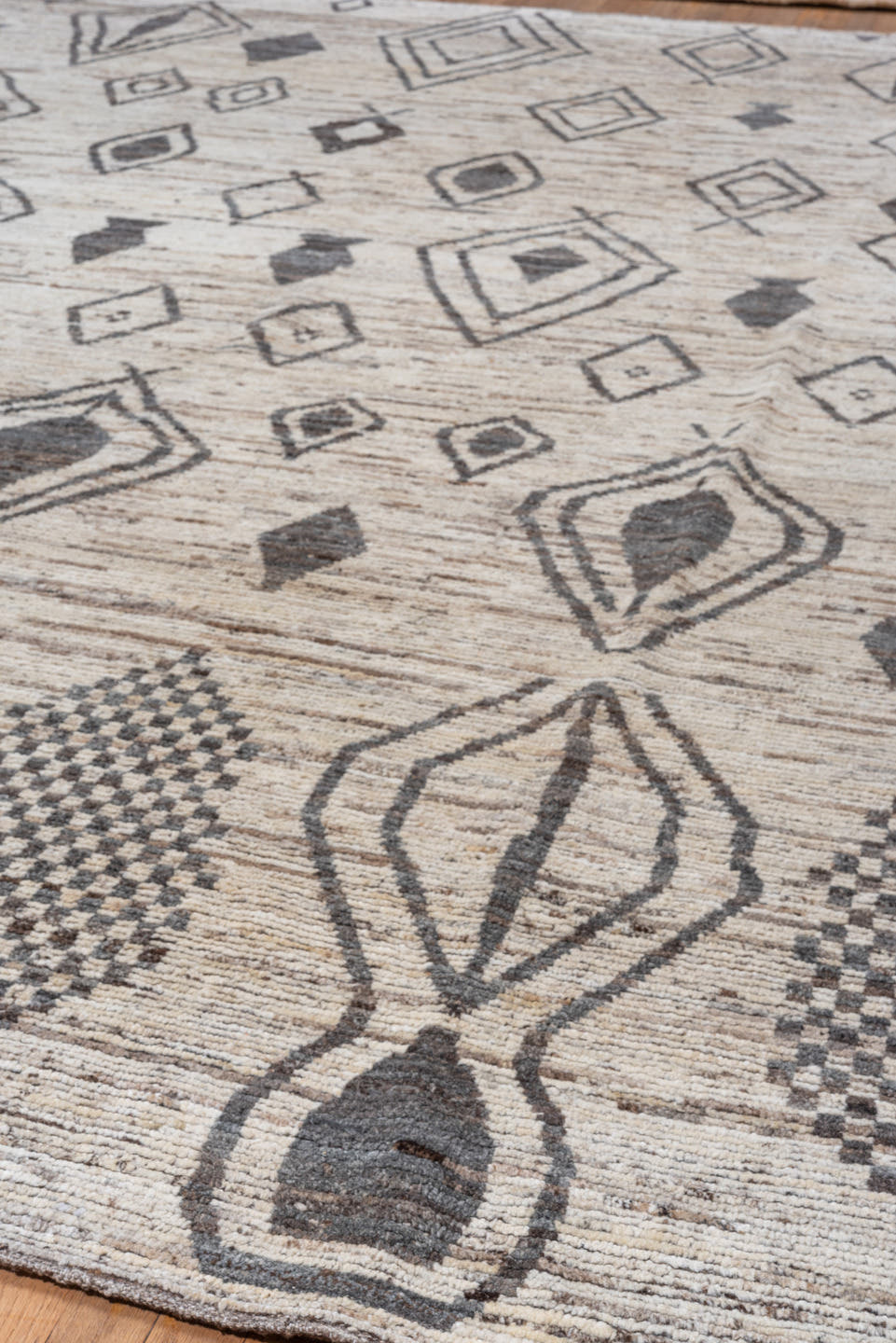 10' x 14' one-of-a-kind handmade vintage Tulu large size rug. Color palette: ivory, charcoal, taupe, gray, brown, black