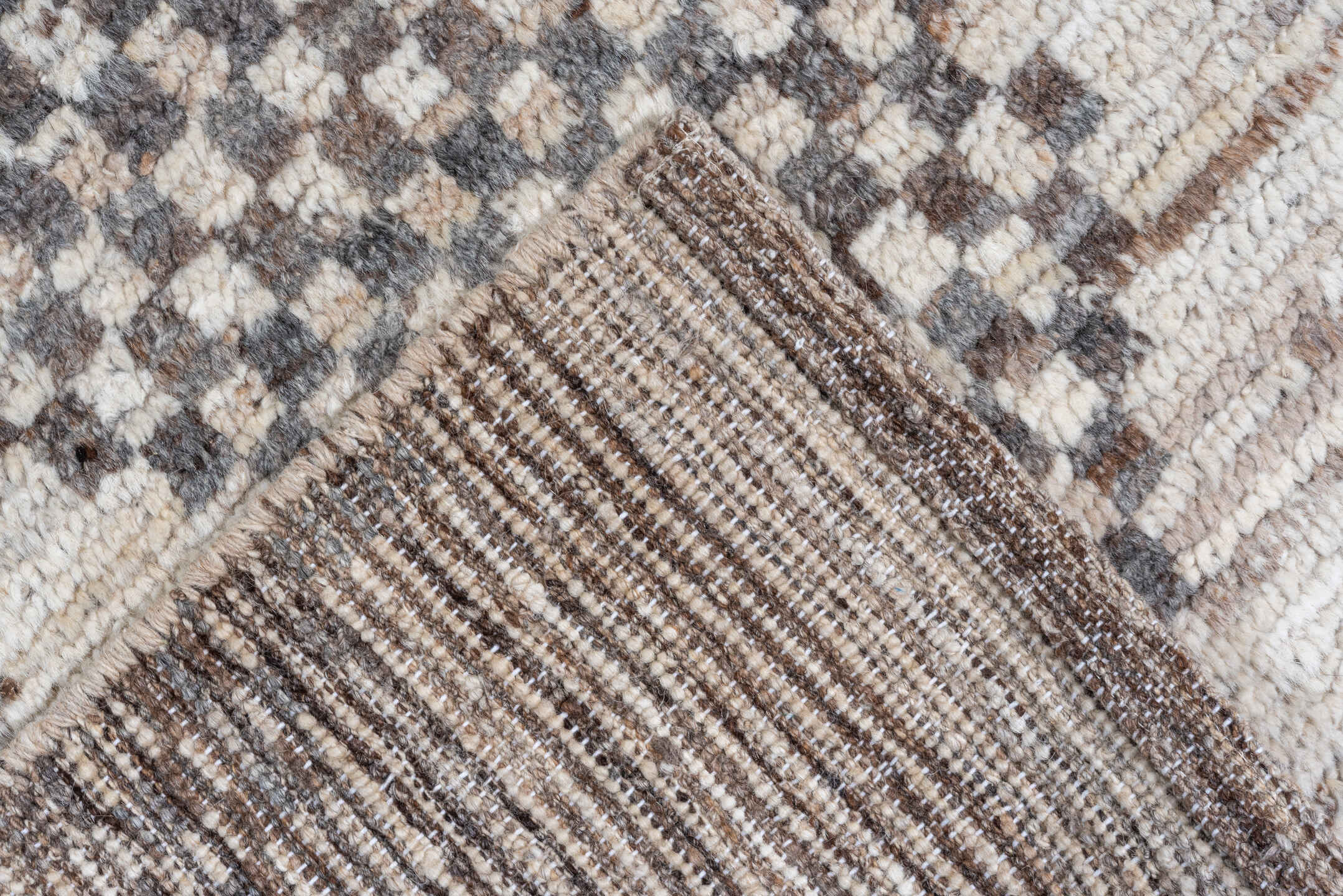 10' x 14' one-of-a-kind handmade vintage Tulu large size rug. Color palette: ivory, charcoal, taupe, gray, brown, black