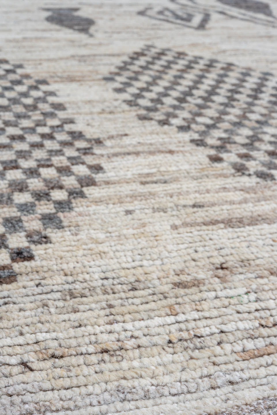 10' x 14' one-of-a-kind handmade vintage Tulu large size rug. Color palette: ivory, charcoal, taupe, gray, brown, black